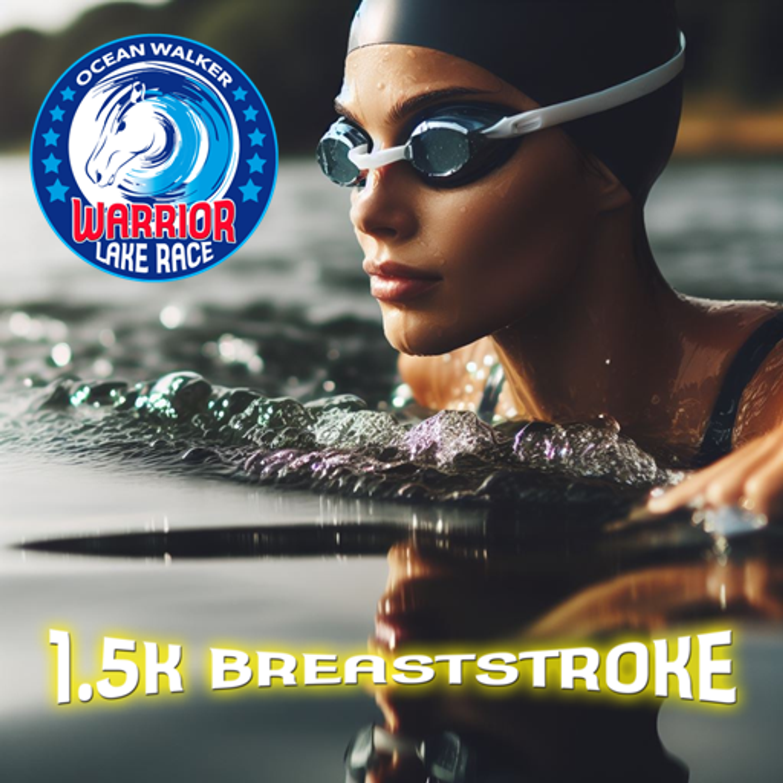 A swimmer wearing a black swim cap and goggles emerges from water, preparing for a race. The text reads "Ocean Walker Warrior Lake Race" with a logo of a horse head and "1.5K Breaststroke" in bold, yellow lettering.