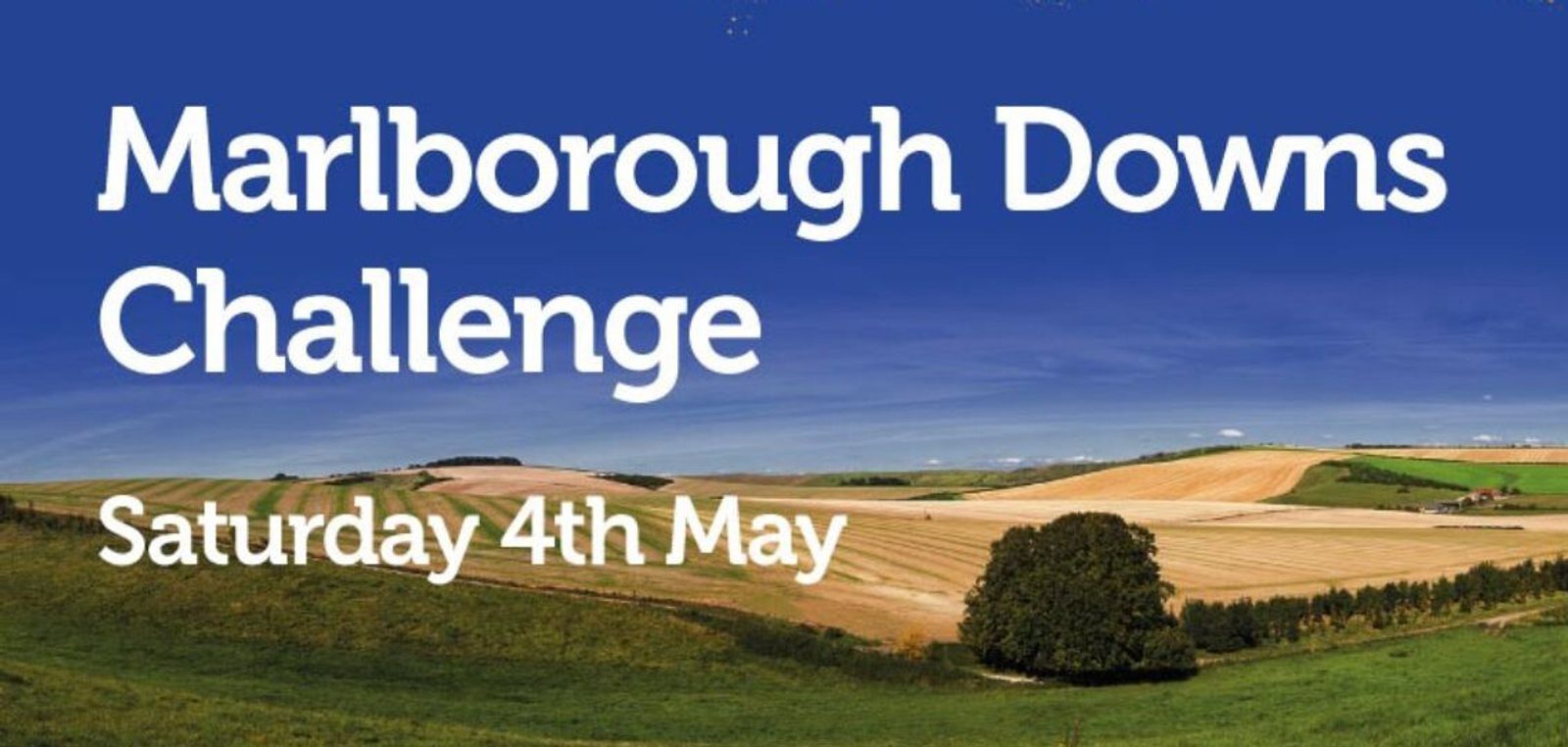 Poster for the Marlborough Downs Challenge event on Saturday, 4th May. The image features a wide-open, rolling landscape with fields and a clear blue sky.