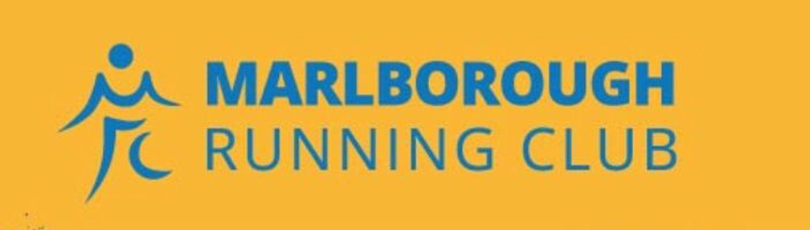 A logo for Marlborough Running Club on a yellow background. The logo features a blue stylized figure running and the club's name in bold blue text.