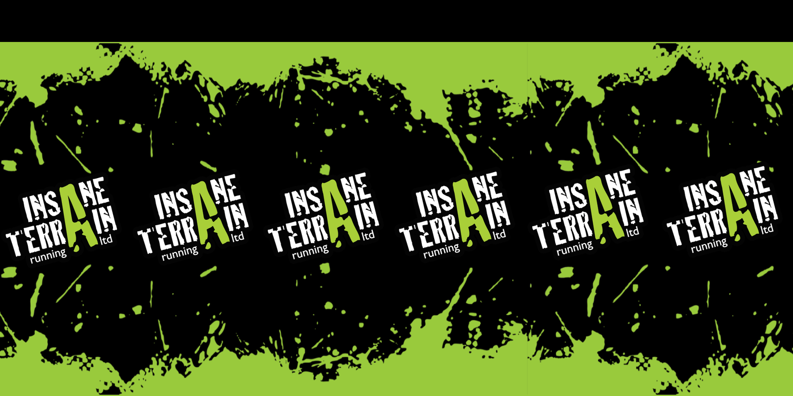 A repeating pattern of the Insane Terrain Running Ltd logo, featuring the words "Insane Terrain" with a green letter "A" on a black background. The background has a splash-like green and black design.