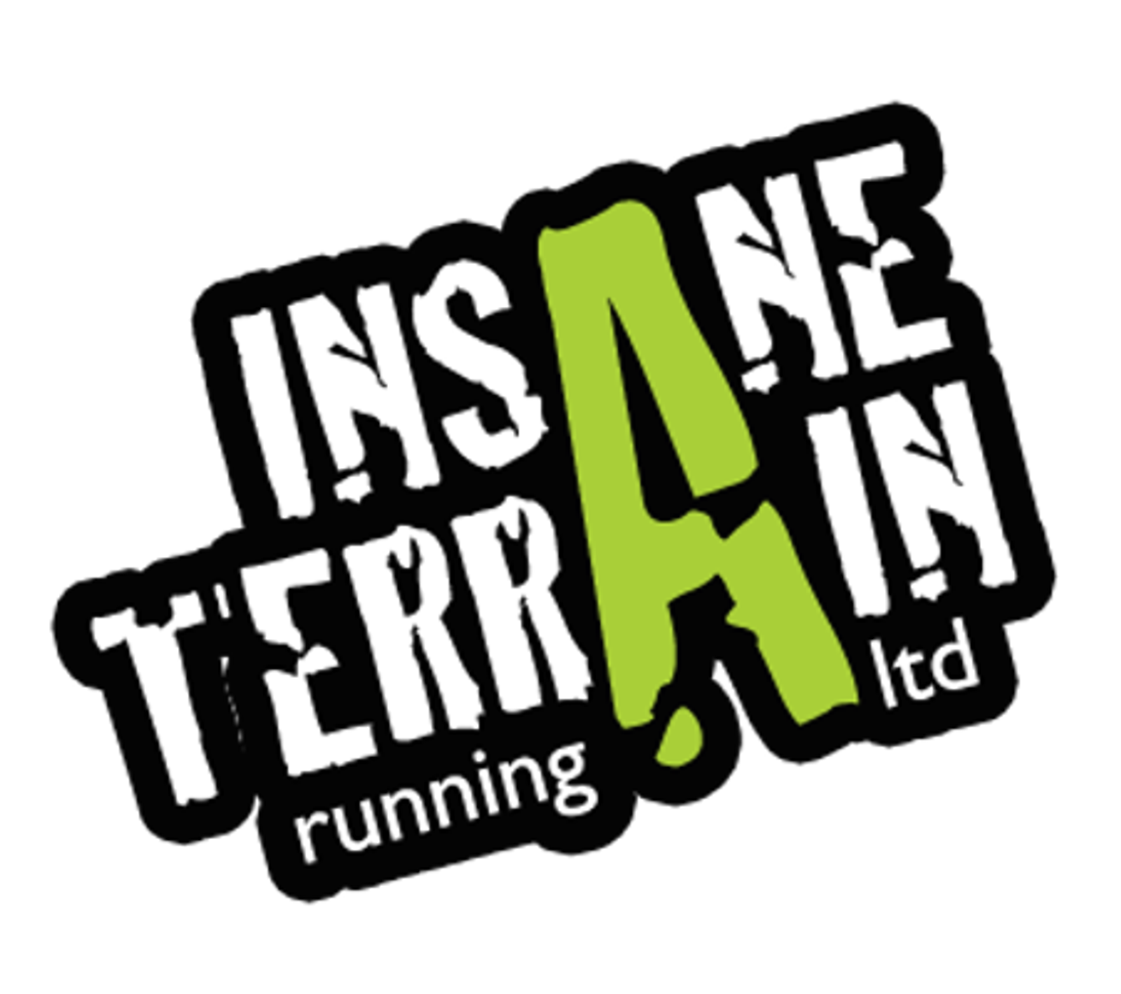 The image shows the logo for "Insane Terrain Running Ltd." The text is in a grungy, white font with a jagged, distressed style. The letter "A" is prominently highlighted in bright green.