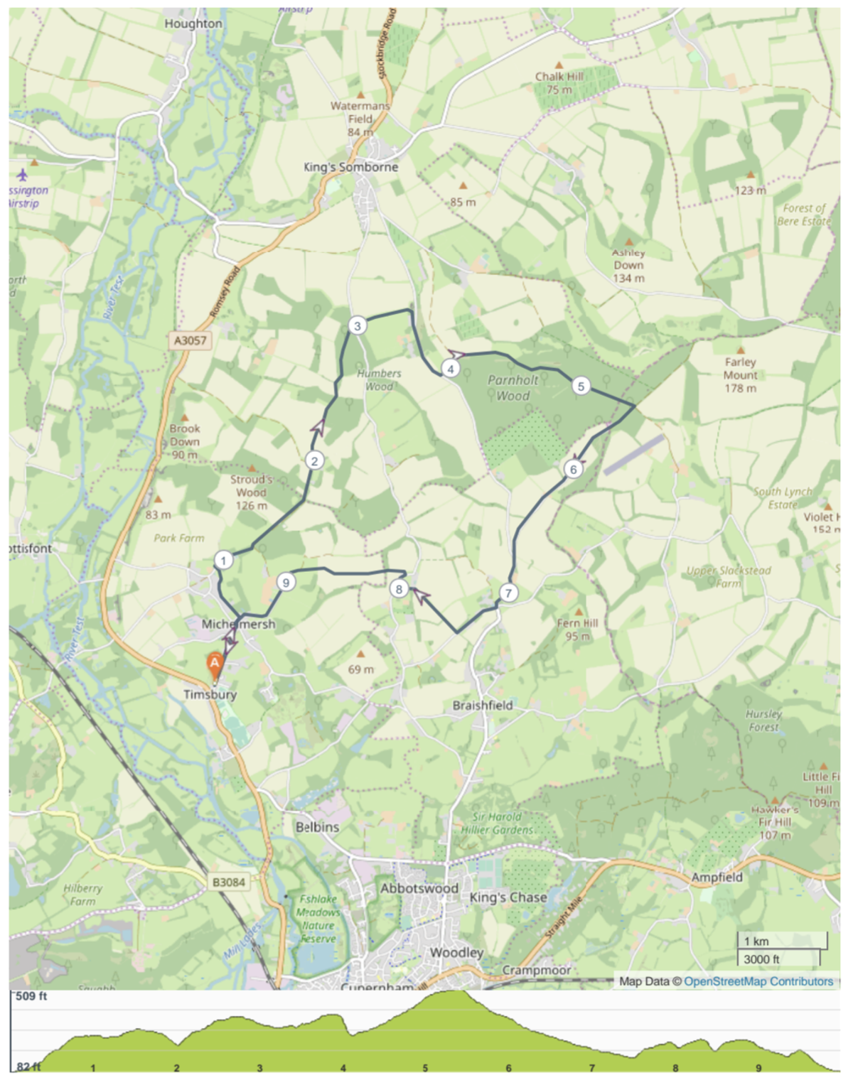 Michelmersh and Timsbury 5 & 10 Mile course map