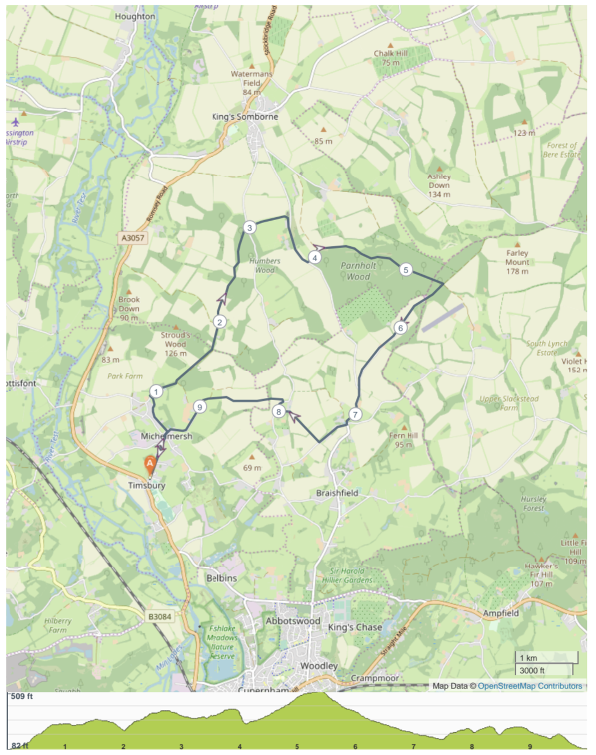 Michelmersh and Timsbury 5 & 10 Mile course map