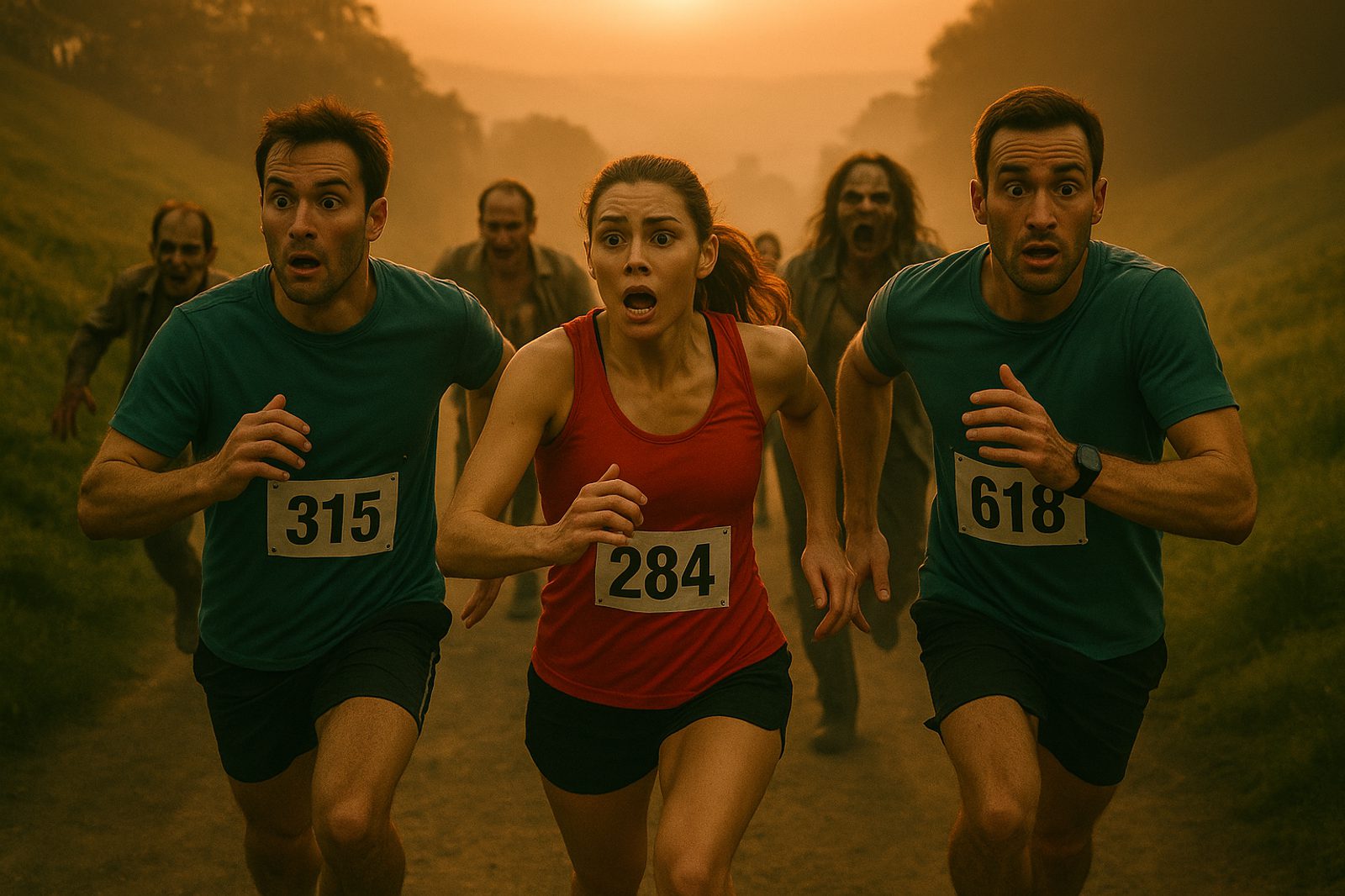 Three frightened runners in race bibs sprint on a foggy path at sunset, being chased by zombies emerging from behind them. The scene is tense and dramatic.