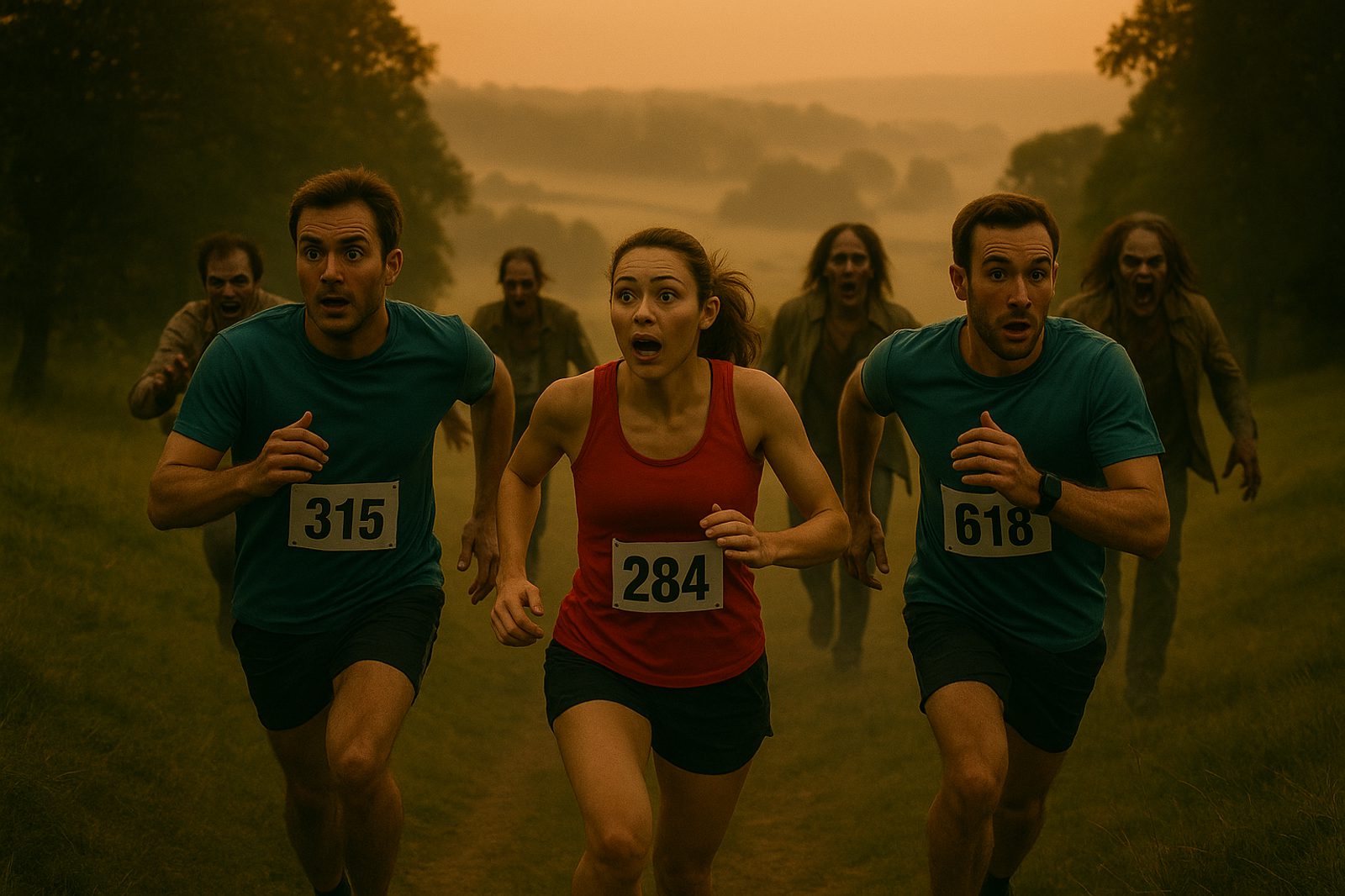 Three runners, wearing numbered bibs, sprint through a grassy field at dusk with fearful expressions as a group of zombies chases them from behind.