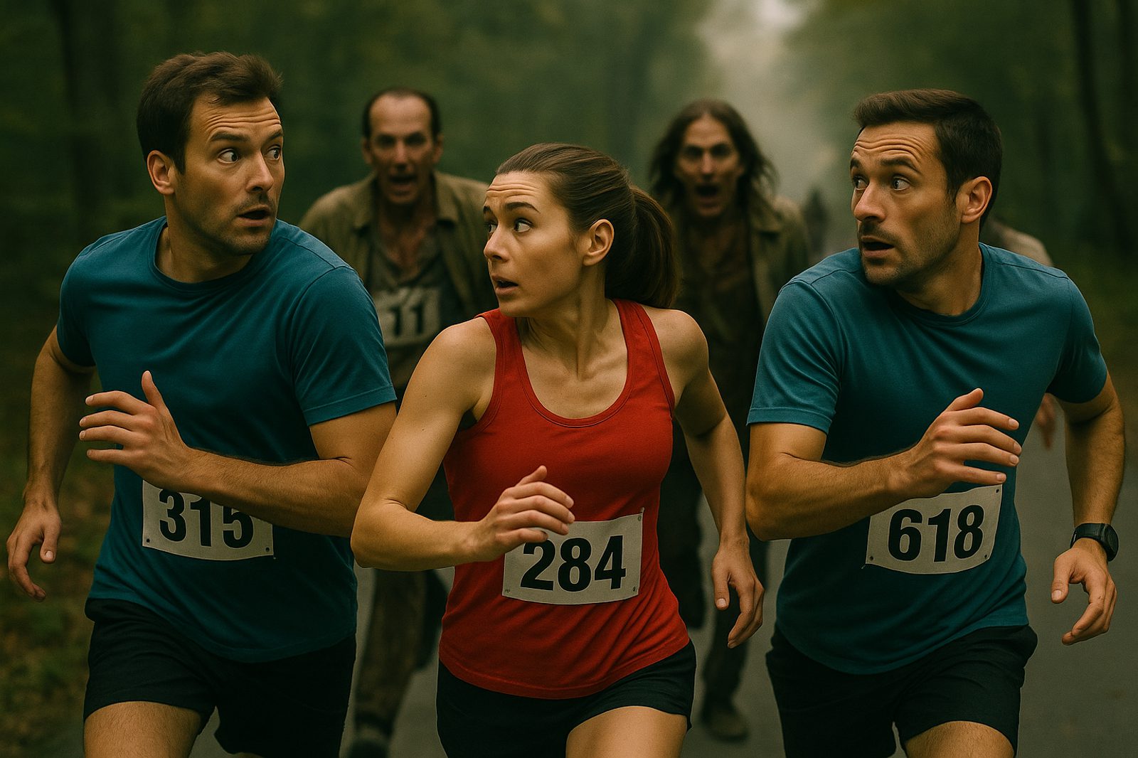 Three runners wearing race bibs look back in fear while running through a misty forest, pursued closely by people with menacing expressions. The scene suggests a mix of a race and a chase.