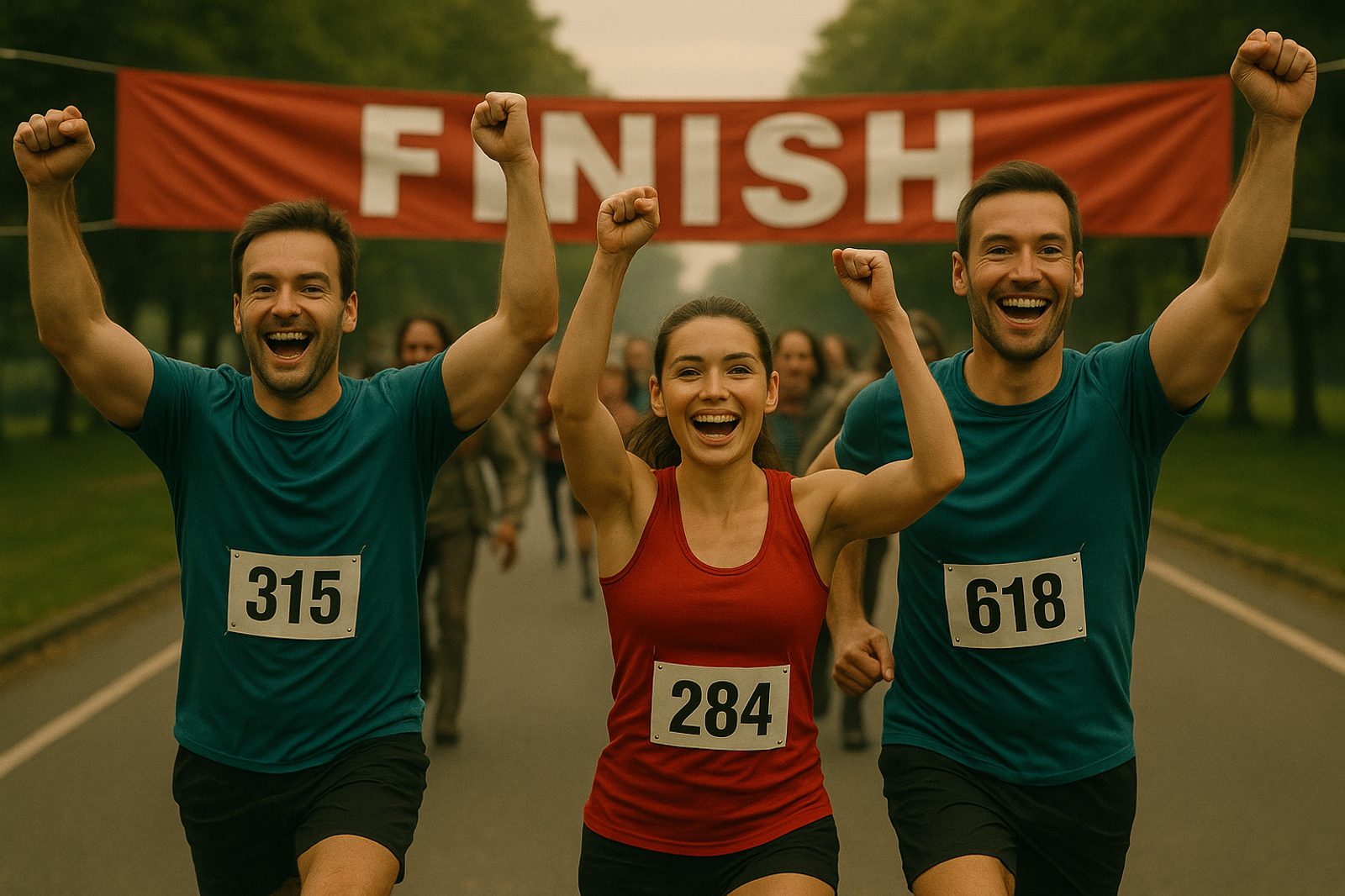 Three runners with race numbers 315, 284, and 618 raise their arms in triumph as they cross the finish line together, smiling, with a large "FINISH" banner overhead on a tree-lined road.