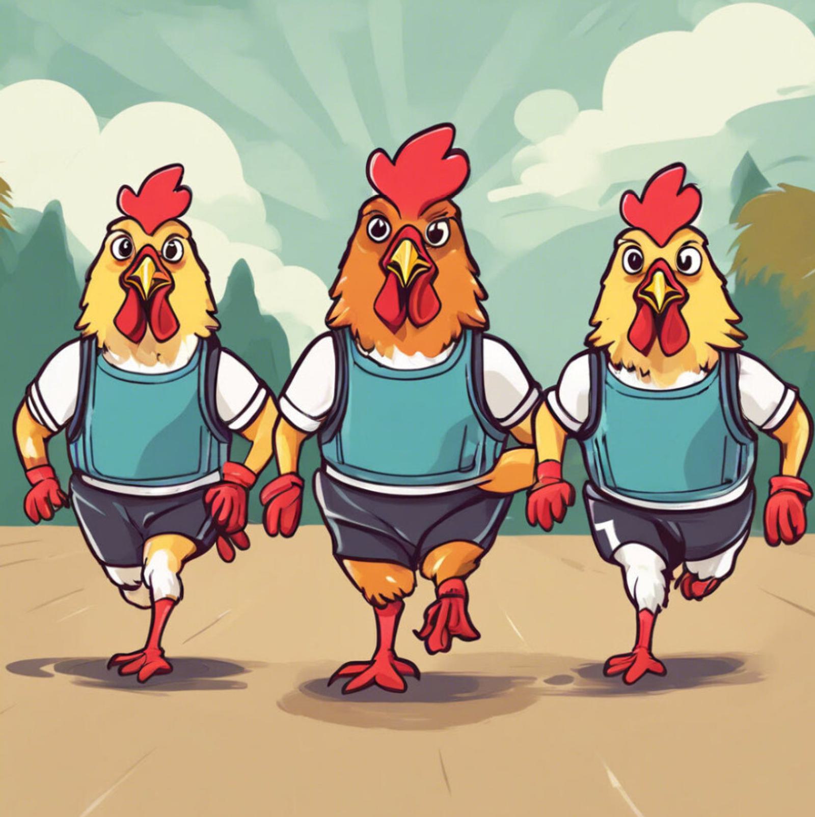 Three cartoon chickens dressed in athletic gear are running. They wear blue tank tops, black shorts, and red sneakers. The background features a path with trees and a cloudy sky.