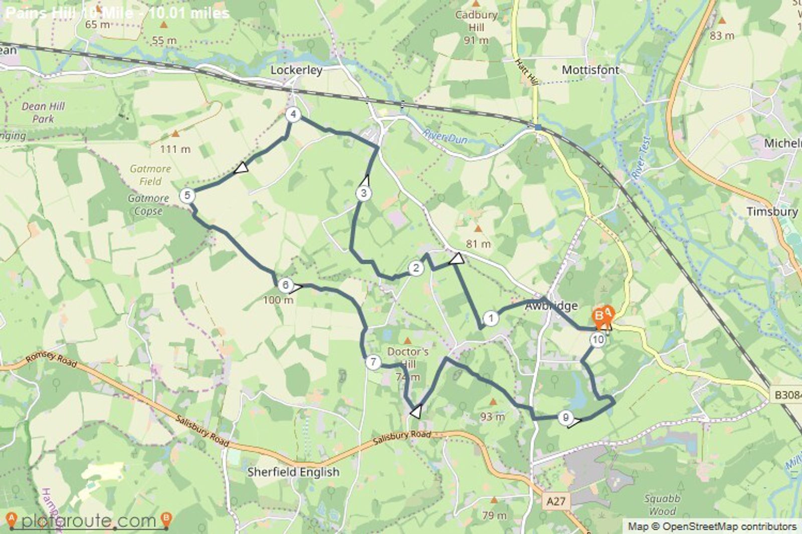 A map illustrating a 10.01-mile cycling route passing through Lockerley and Awbridge in the UK. The path, highlighted in blue, includes points marked 1 through 6. Surrounding features include greenery, main roads, and local towns such as Sherfield English and Michelmersh.