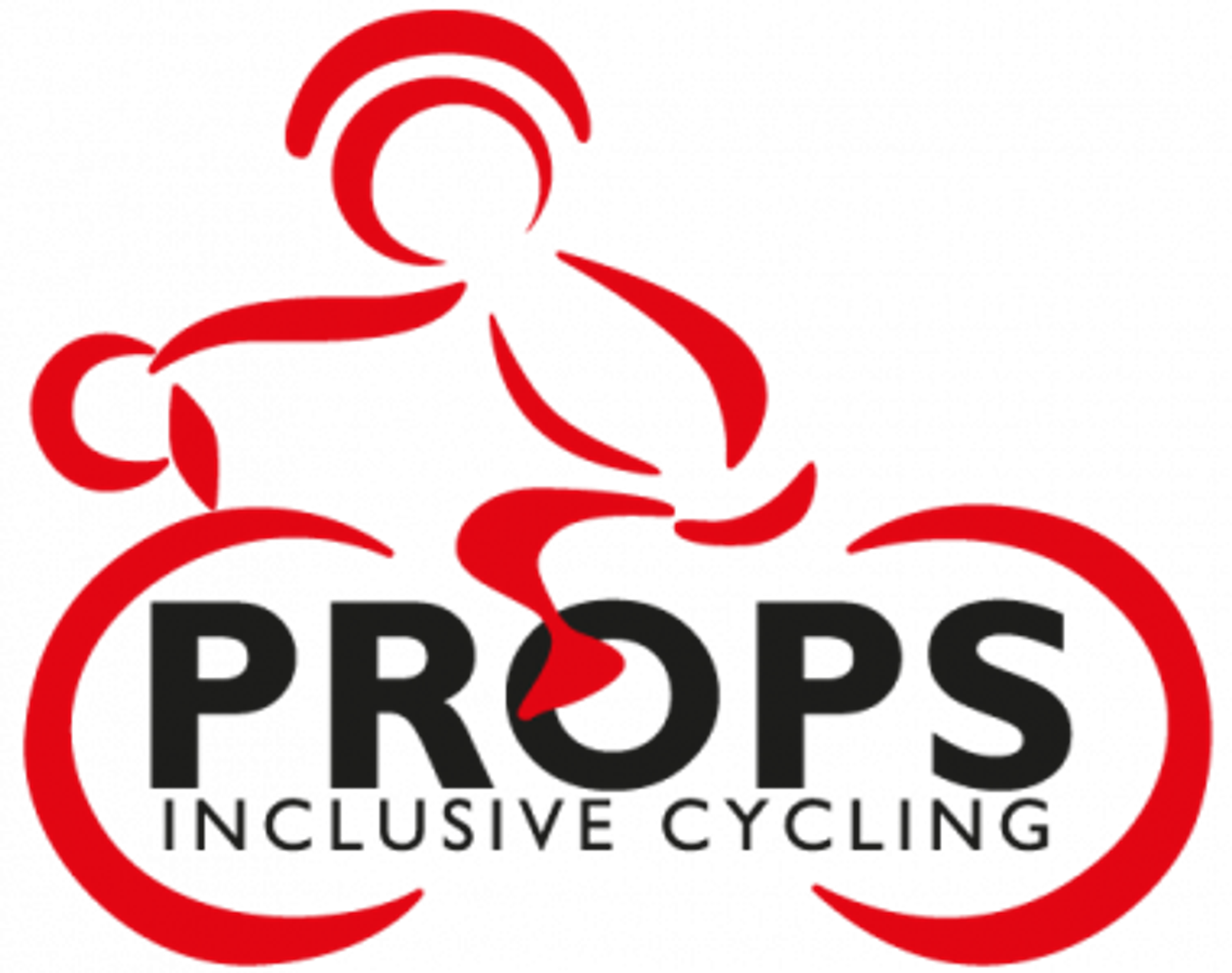 Logo for "PROPS Inclusive Cycling" featuring a simplistic, abstract red outline of a person riding a bike. The wheels of the bike form the letter "O" in the word "PROPS." The text "INCLUSIVE CYCLING" is below in black.