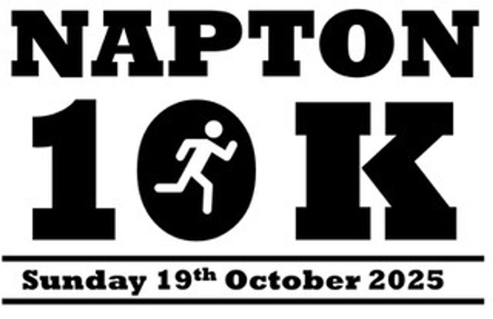 Black text on a white background reads "Napton 10K" with a running figure inside the number zero. Below, a black rectangle with white text says "Sunday 19th October 2025.