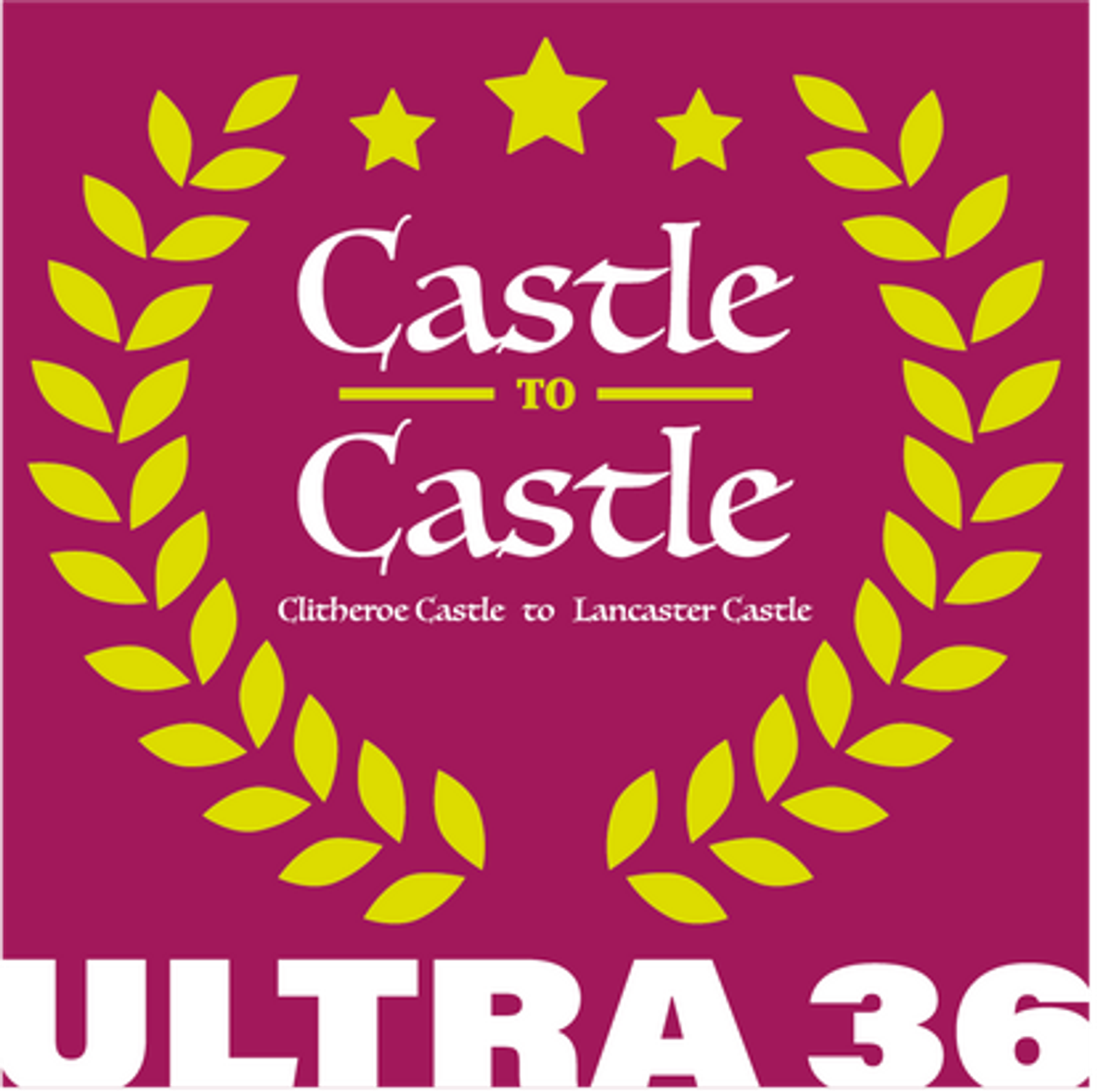 A maroon logo with yellow laurel leaves and three stars, featuring the text "Castle to Castle Clitheroe Castle to Lancaster Castle." "ULTRA 36" is written in bold white at the bottom.