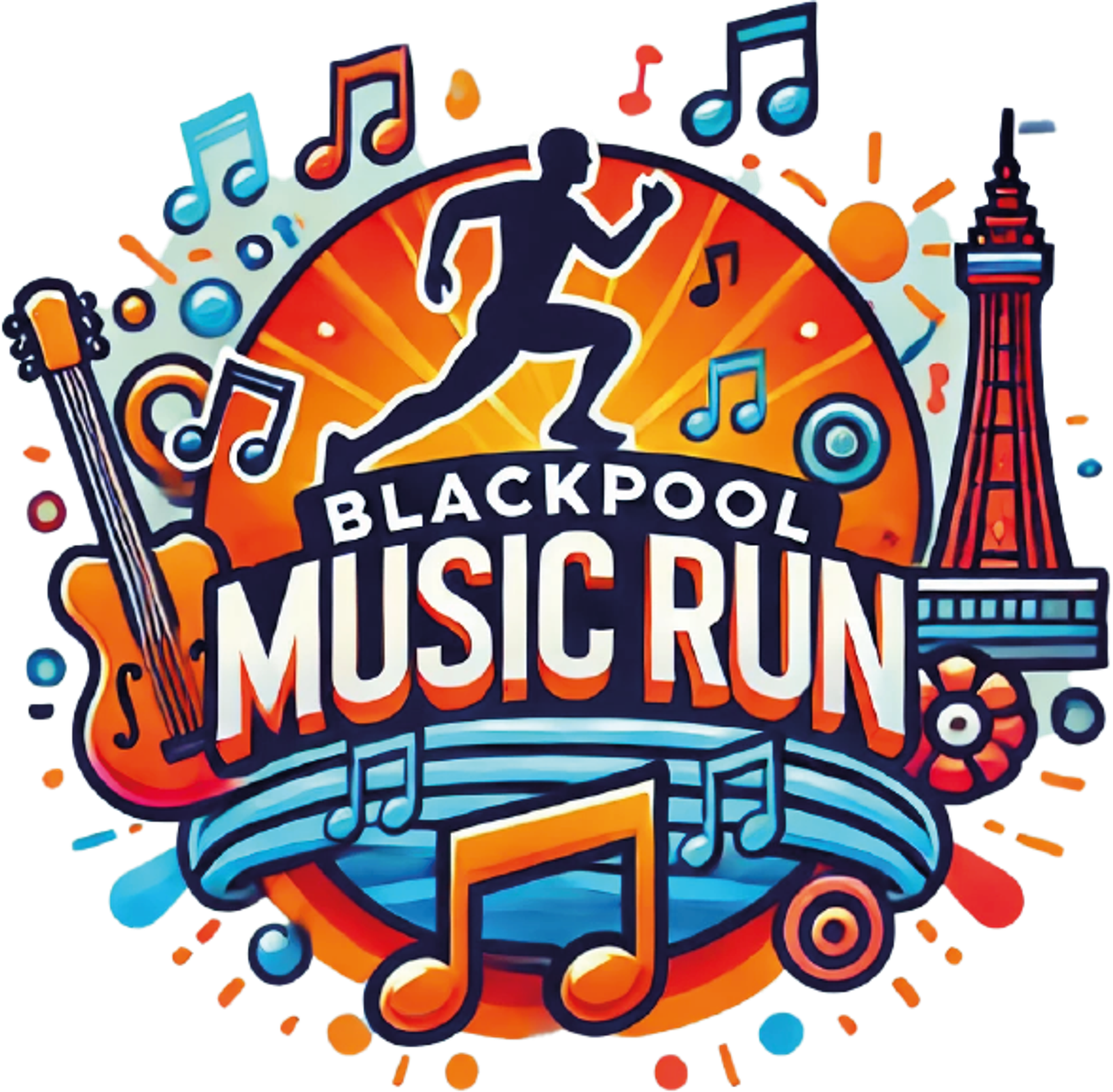 Colorful illustration of "Blackpool Music Run" features a runner silhouette, musical notes, a guitar, and the Blackpool Tower. A vibrant sunburst background adds energy and excitement.
