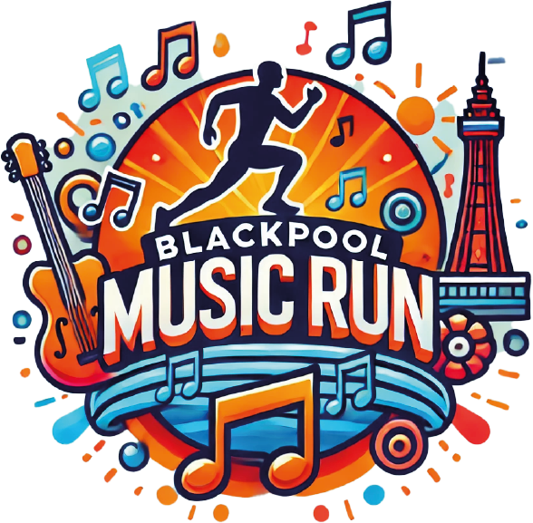 Colorful illustration of "Blackpool Music Run" features a runner silhouette, musical notes, a guitar, and the Blackpool Tower. A vibrant sunburst background adds energy and excitement.