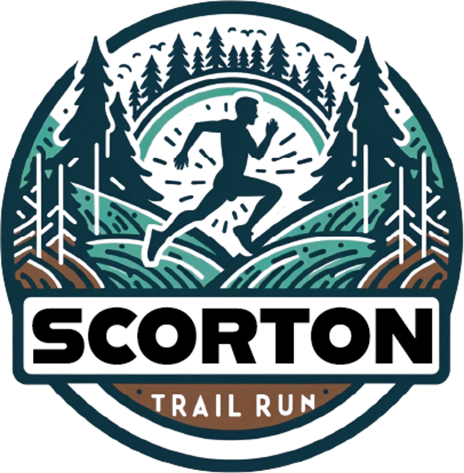 Logo for the Scorton Trail Run featuring a silhouette of a runner moving through a stylized forest with trees and hills. Bold text below reads “SCORTON Trail Run.”.