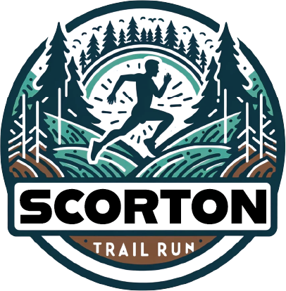 Logo for the Scorton Trail Run featuring a silhouette of a runner moving through a stylized forest with trees and hills. Bold text below reads “SCORTON Trail Run.”.