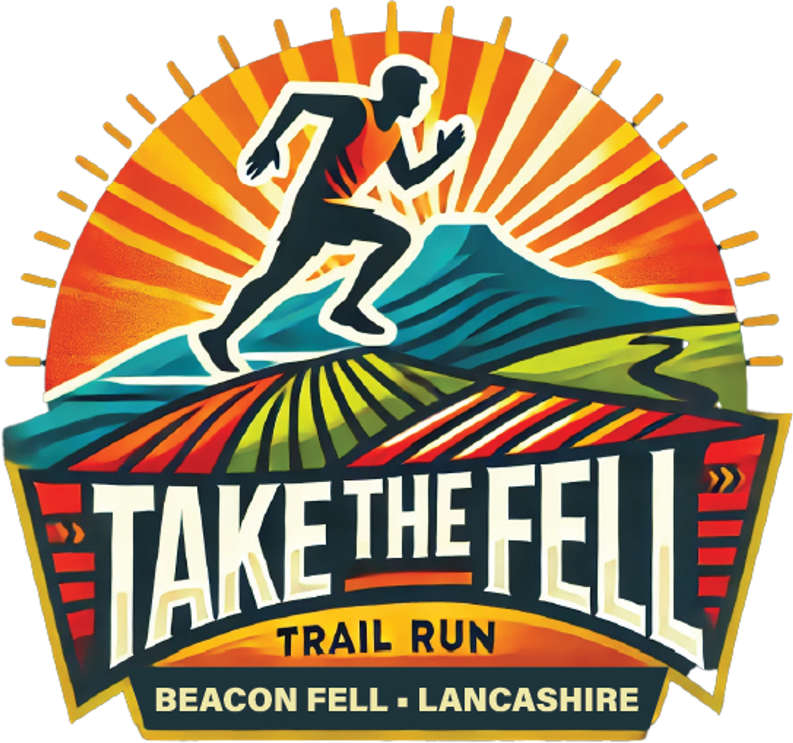 Logo of "Take the Fell Trail Run" event featuring a stylized runner against a colorful landscape of fields and a mountain with a radiant sun. Text reads "Take the Fell Trail Run" and "Beacon Fell - Lancashire.