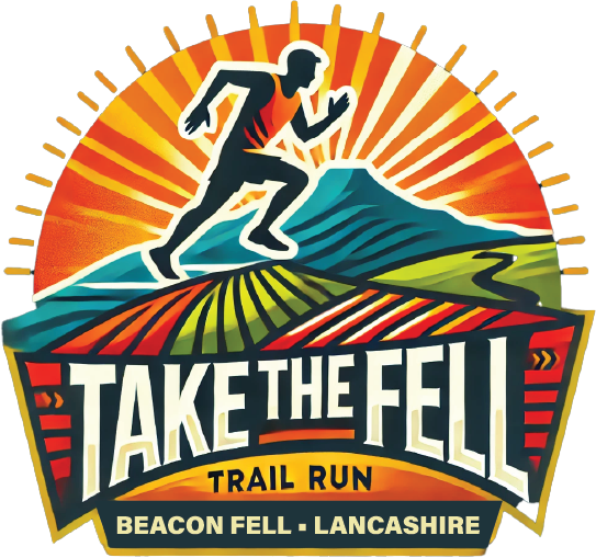 Logo of "Take the Fell Trail Run" event featuring a stylized runner against a colorful landscape of fields and a mountain with a radiant sun. Text reads "Take the Fell Trail Run" and "Beacon Fell - Lancashire.