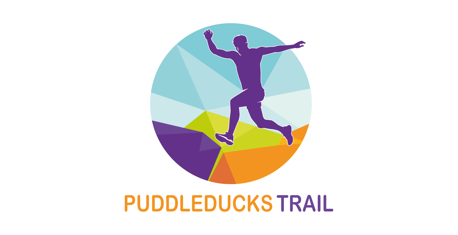 A silhouette of a person leaping with outstretched arms is set against a geometric, multicolored circle. Below the circle, the text "PUDDLEDUCKS TRAIL" is written, with "PUDDLEDUCKS" in orange and "TRAIL" in purple.