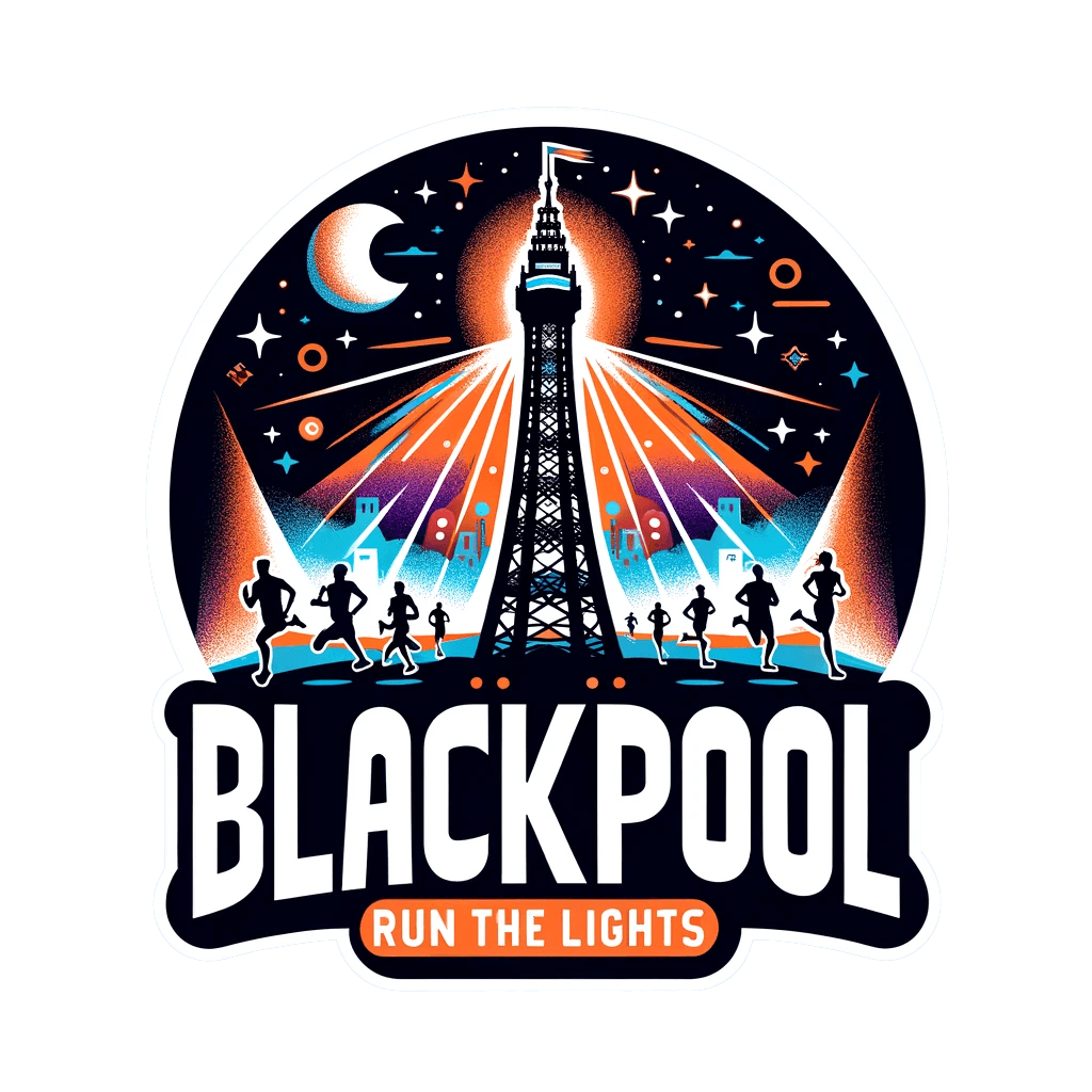 Illustration of Blackpool Tower with stylized lights and silhouettes of runners below. The text reads "Blackpool Run the Lights." The background features a crescent moon and abstract geometric shapes.