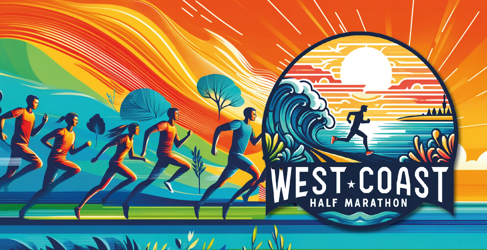Illustration of a vibrant running scene with people jogging against a colorful, stylized background of the sun, waves, and trees. A circular emblem shows a runner by the ocean with the text "West Coast Half Marathon.