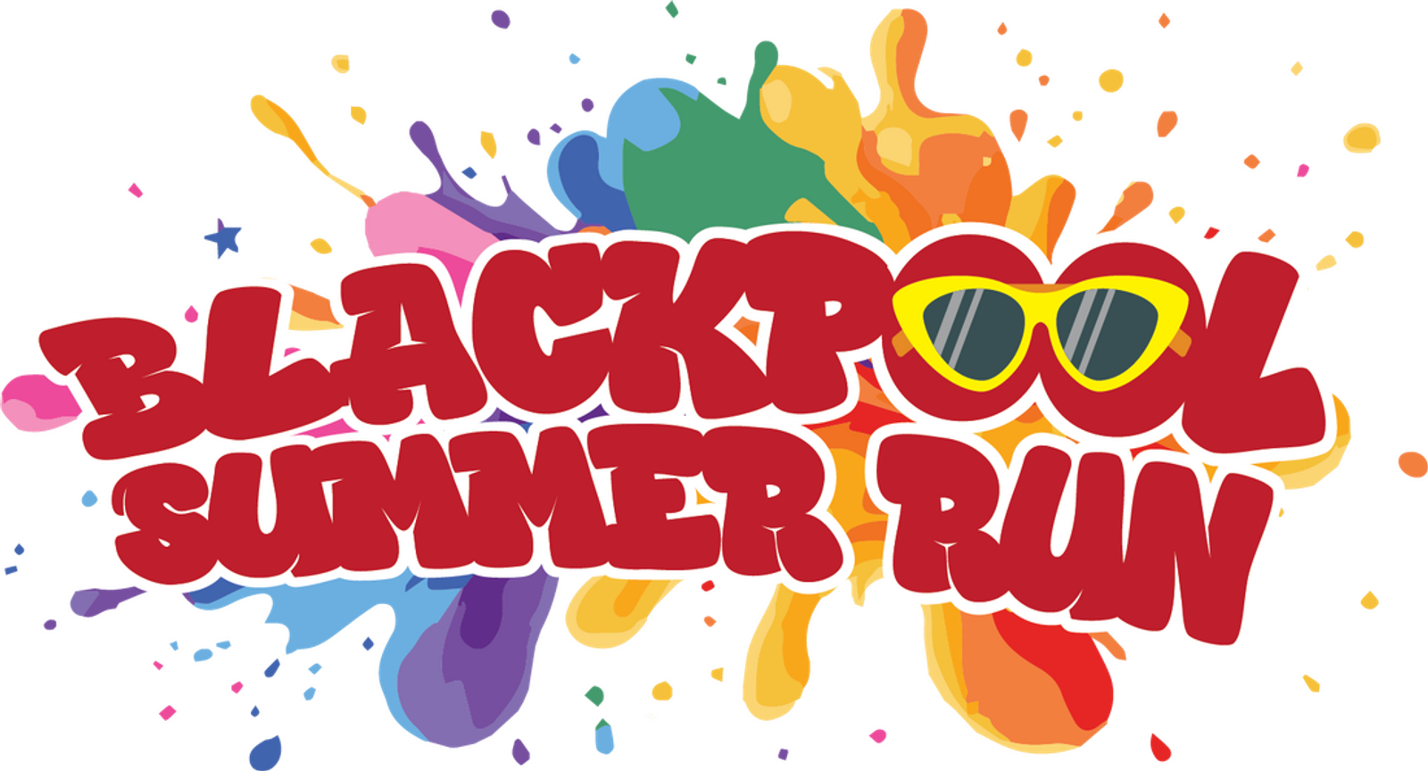 Logo reading "Blackpool Summer Run" in bold red letters with yellow sunglasses in the word "Pool," surrounded by colorful paint splashes in blue, purple, green, yellow, orange, and red.