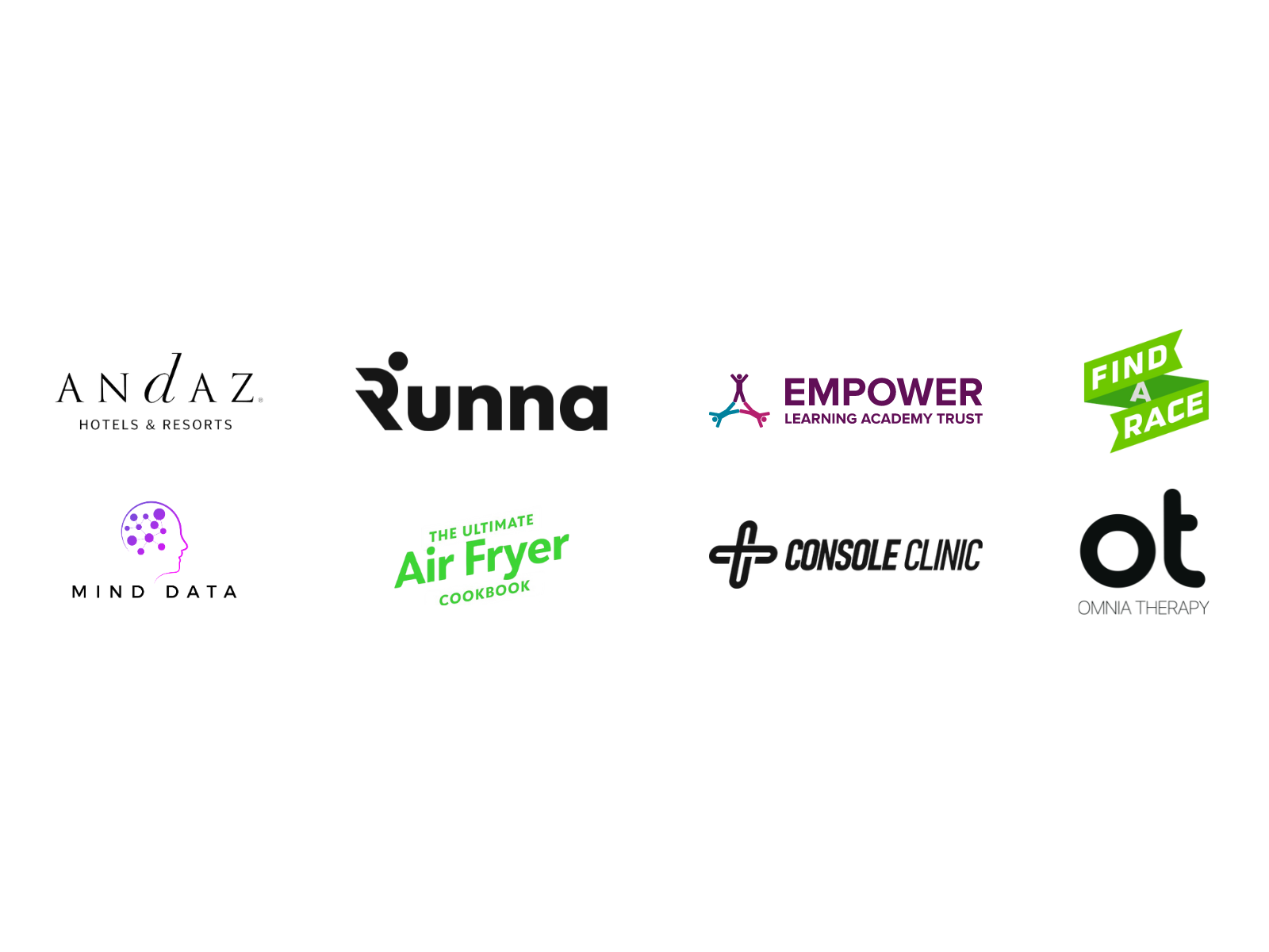 Image showing logos of eight different companies/brands arranged in two rows. The first row includes: Andaz Hotels & Resorts, Runna, Empower Learning Academy Trust, and Find a Race. The second row includes: Mind Data, The Ultimate Air Fryer Cookbook, Console Clinic, and Omnia Therapy.