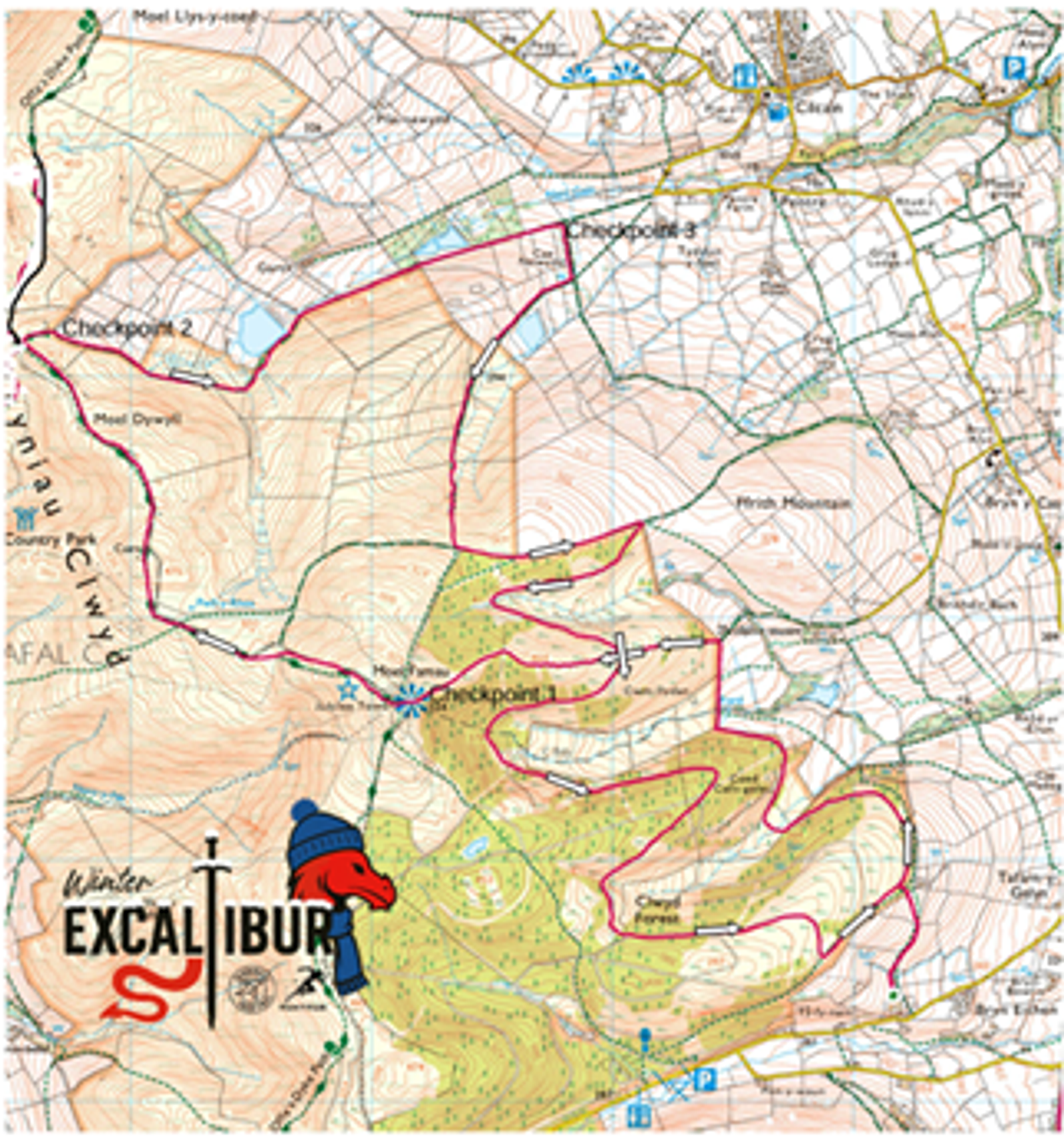 A topographic map titled "Winter Excalibur" shows a marked running or hiking route with three checkpoints, winding through hills, fields, and forests, with contour lines and place names labeled.