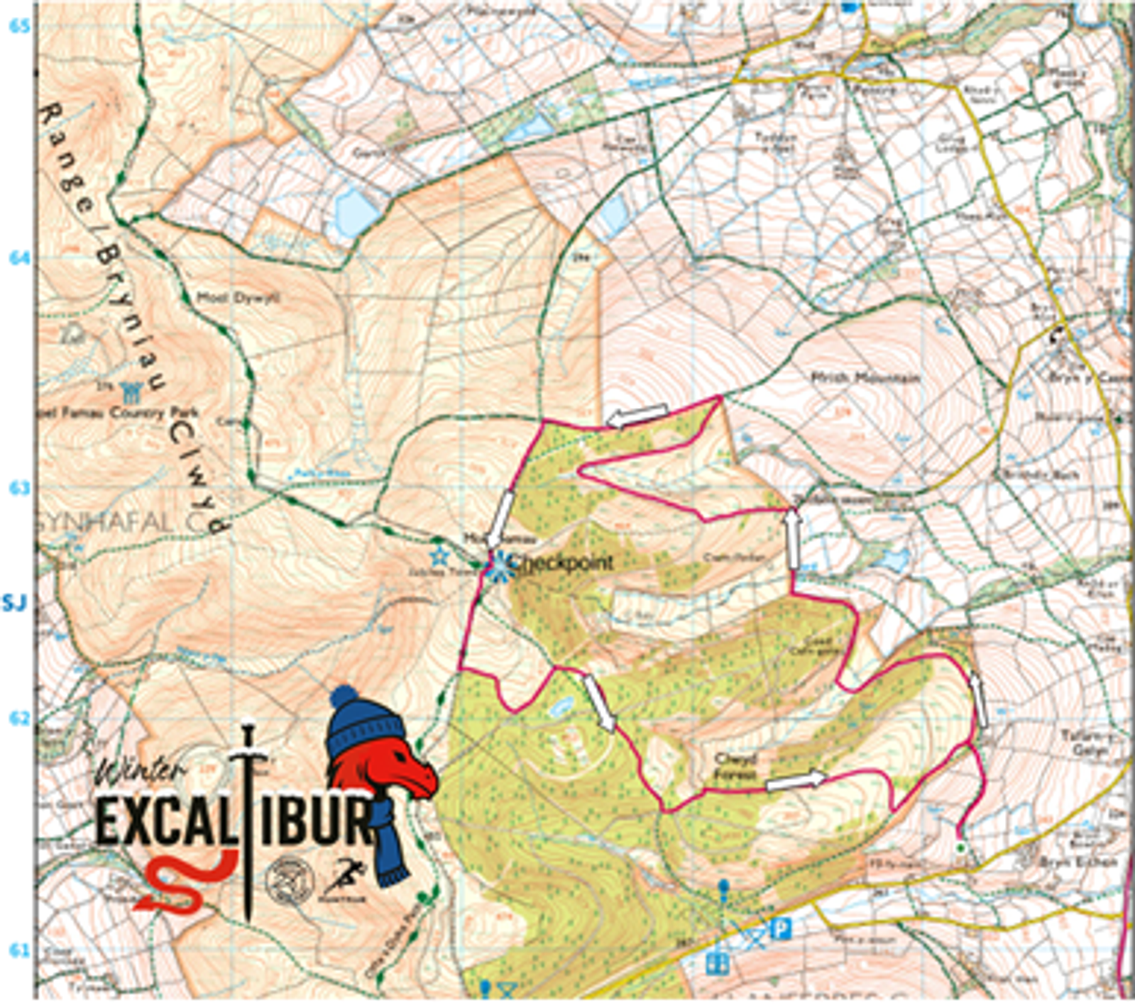 A topographic map of a hilly area with a pink race route marked, passing through a checkpoint. The “Winter Excalibur” event logo with a sword, shield, and dragon is at the bottom left. Fields, roads, and terrain lines are visible.
