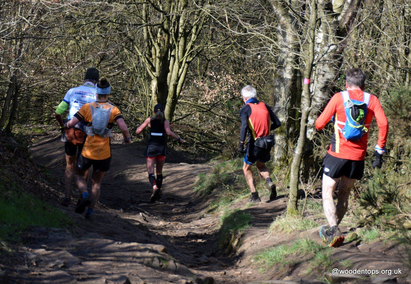 A group of five people are trail running through a forested path. They are wearing athletic gear and carry small backpacks. The trees are bare, suggesting early spring or late autumn. Sunlight filters through the branches, creating a dappled effect on the trail.