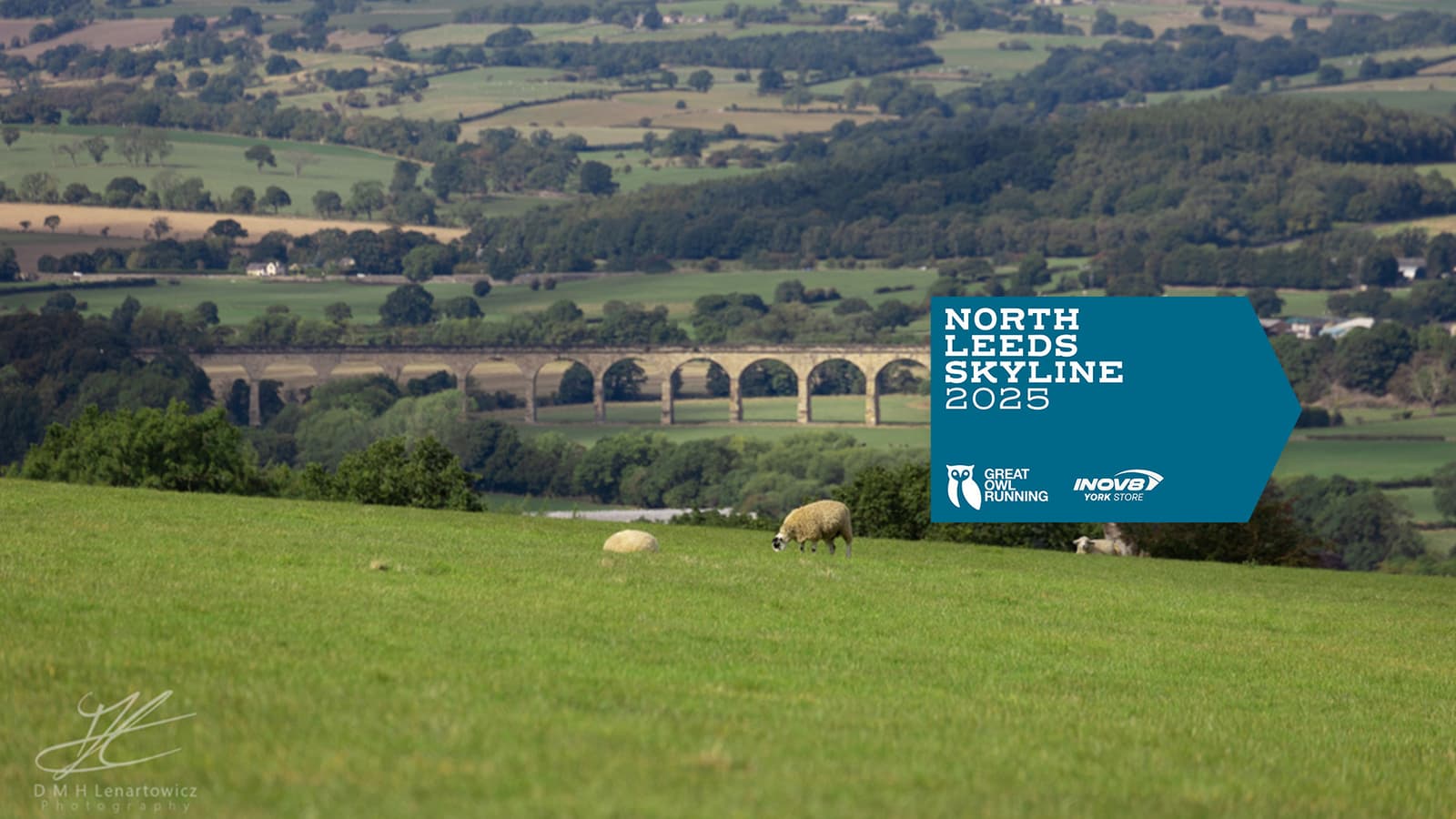 A scenic landscape of rolling green fields with grazing sheep and a stone viaduct in the background. The image features a logo for "North Leeds Skyline 2025" by Great Owl Running and Innov-8.