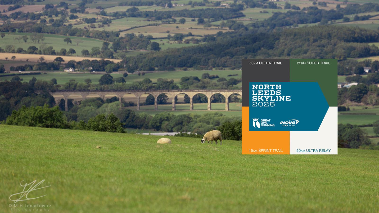 A scenic view of the North Leeds countryside featuring a lush green landscape with rolling hills and a distant stone viaduct. In the foreground, a few sheep graze. An overlay promotes the "North Leeds Skyline 2025" event with trail details.
