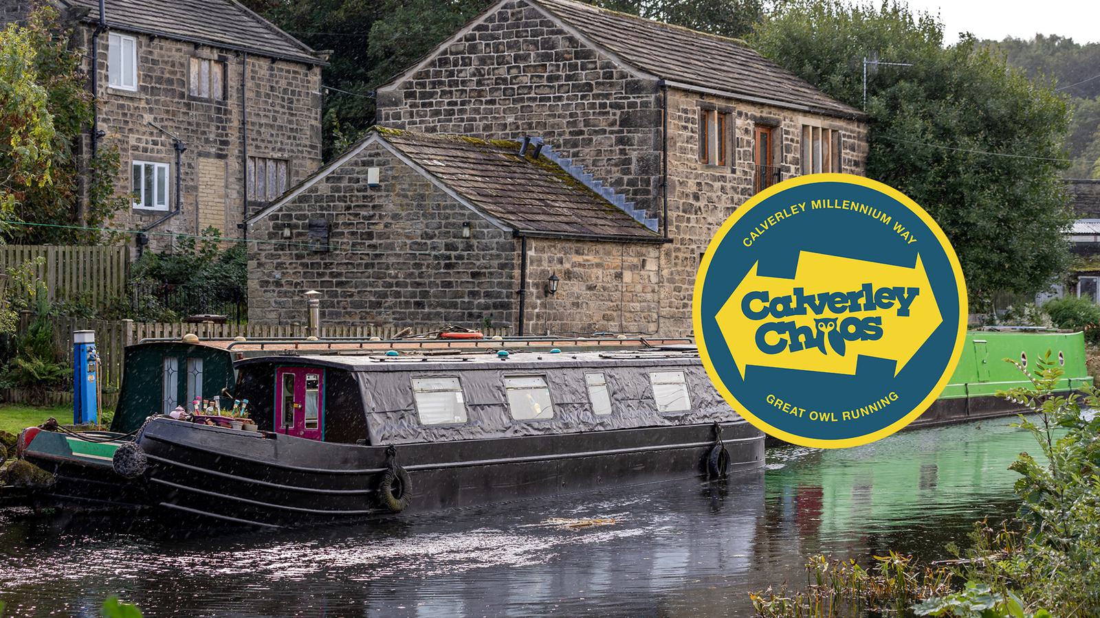 A narrowboat navigates a canal in front of rustic stone buildings amidst lush greenery. A circular sign reads "Calverley Millenium Way - Calverley Chips - Great Owl Running.