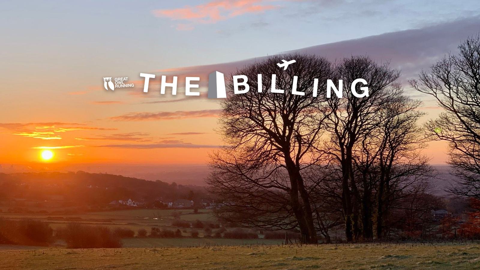 Sunset view of a rural landscape with bare trees in the foreground and fields in the background. The sun sets on the horizon, casting an orange and pink glow in the sky. The text "The Billing" is overlaid with an airplane silhouette.