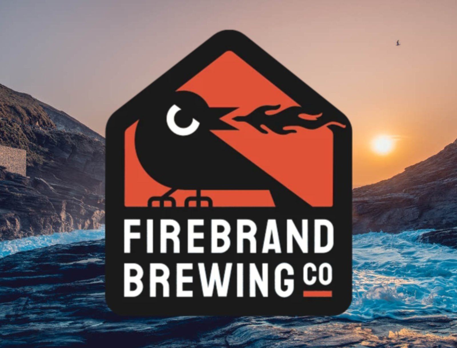 Logo of Firebrand Brewing Co featuring a black bird breathing fire on a red background, centered over a coastal scene with rugged cliffs and a setting sun.