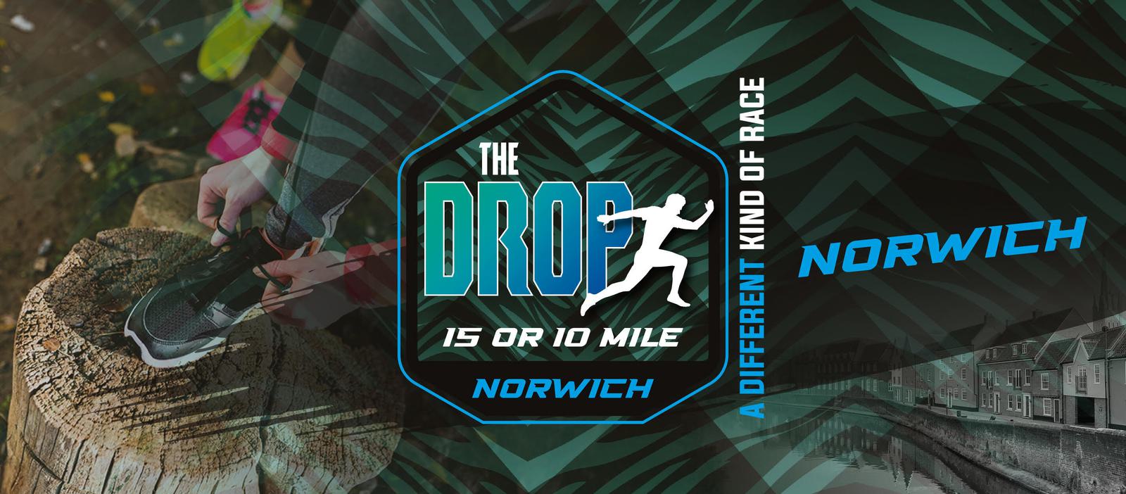 Promotional banner for "The Drop," a 5 or 10-mile race in Norwich. The left side shows a person tying their shoe next to a tree stump. The right side reads, "A different kind of race," with Norwich in large blue text against a patterned background.