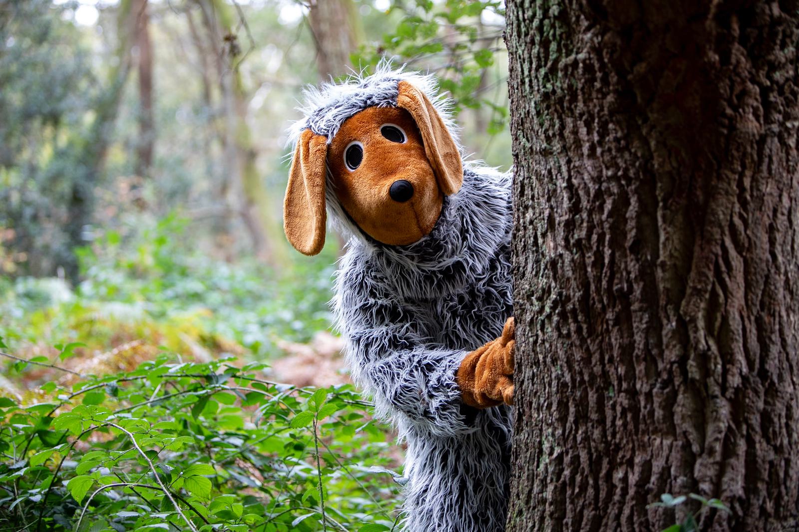 A person in a shaggy dog costume with floppy ears and a brown face mask peeks from behind a tree in a forest. The greenery around includes bushes and other trees, creating a playful and whimsical scene.