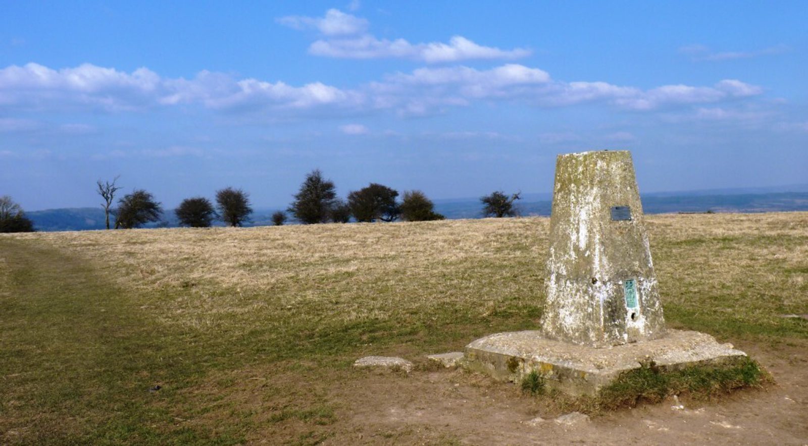 A concrete triangulation pillar stands in an open, grassy field under a blue sky with scattered clouds. A worn pathway runs beside the pillar, which has moss growing on it. In the distance, trees line the horizon.