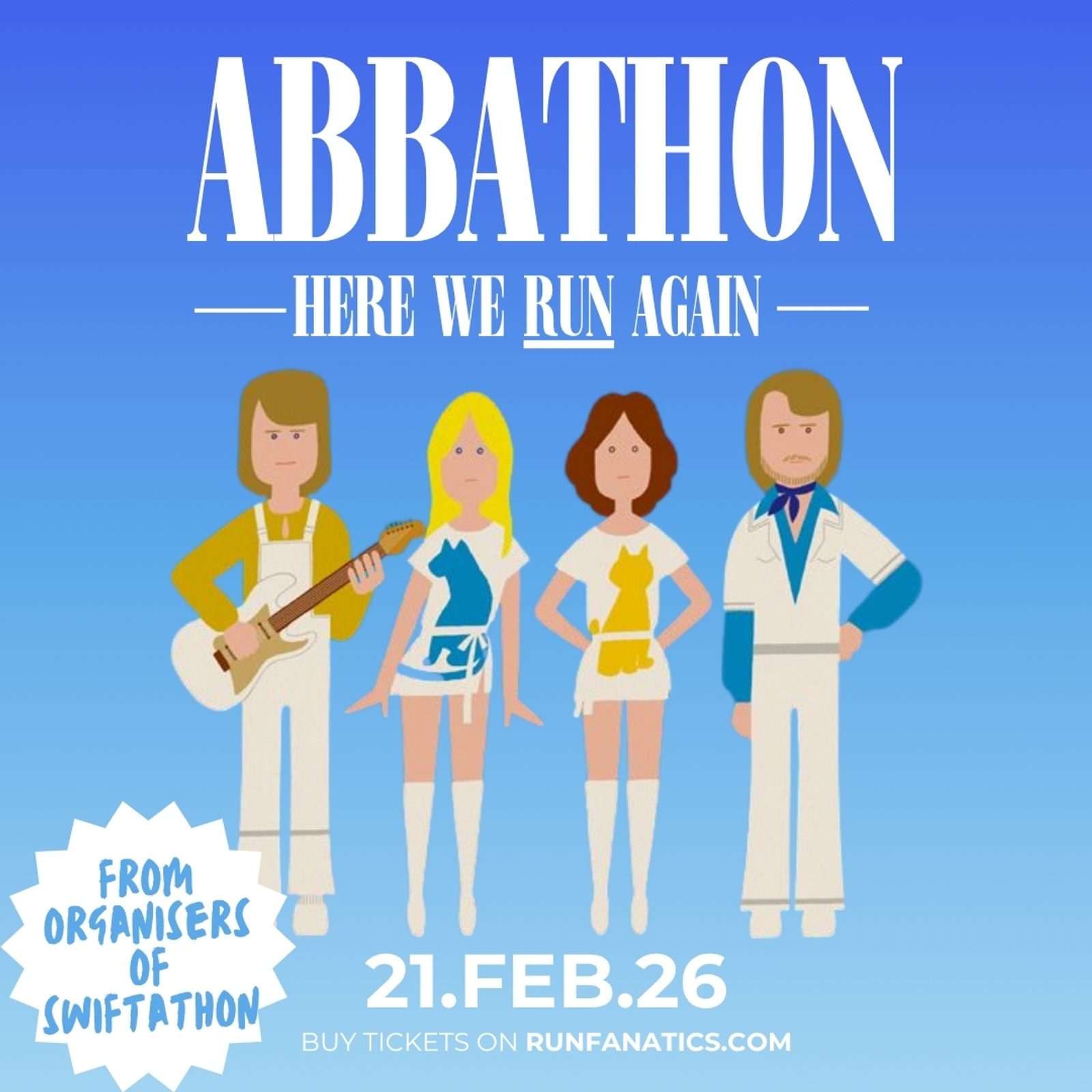 Cartoon figures dressed as ABBA band members stand together under the text "ABBATHON – HERE WE RUN AGAIN." Event date is February 21, 2026, with tickets available at runfanatics.com.