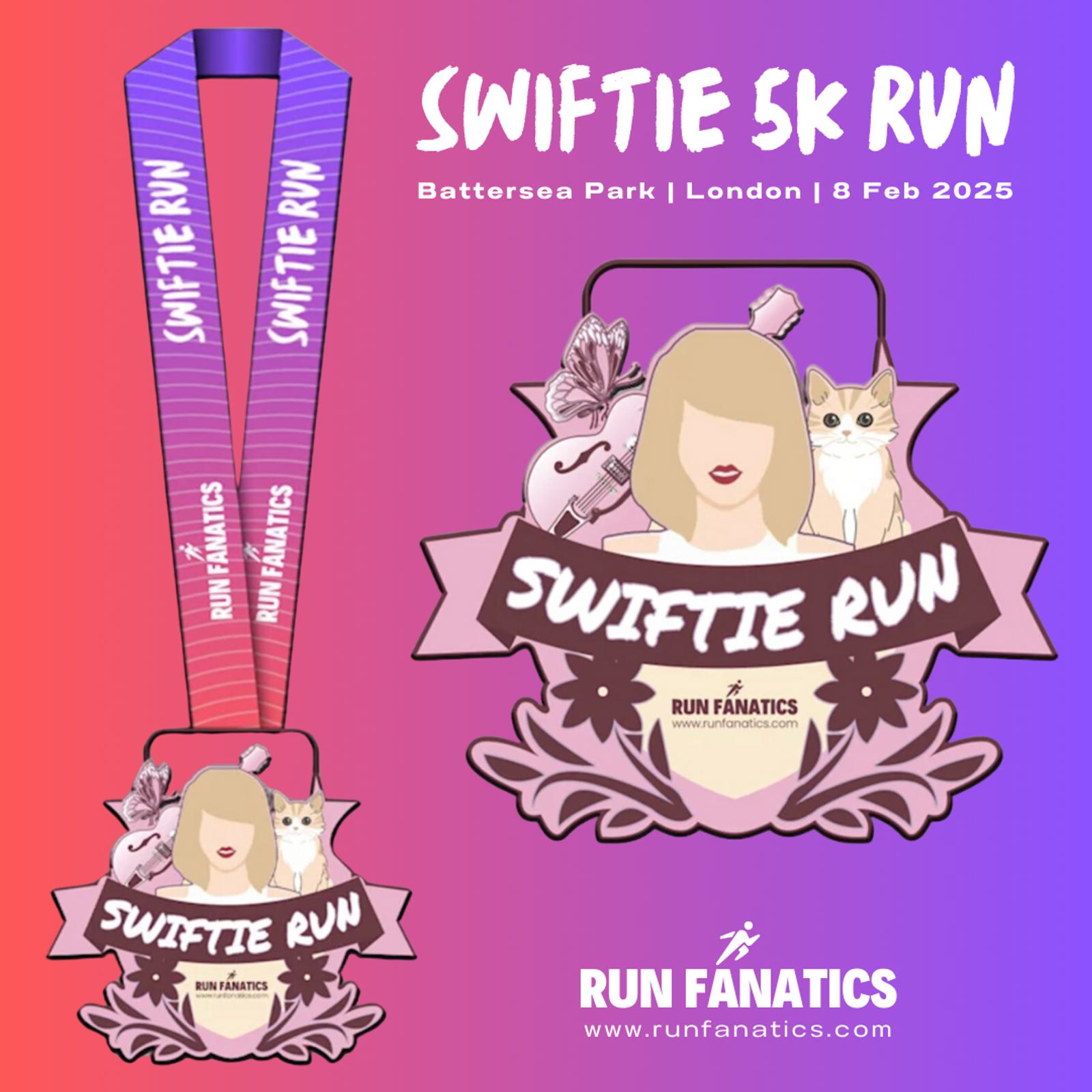 Illustration of the Swiftie 5K Run event in Battersea Park, London, on February 8, 2025. Features a medal design with a silhouette of a person, a cat, guitar, and keyboard, surrounded by flowers. Includes a purple ribbon and event details.