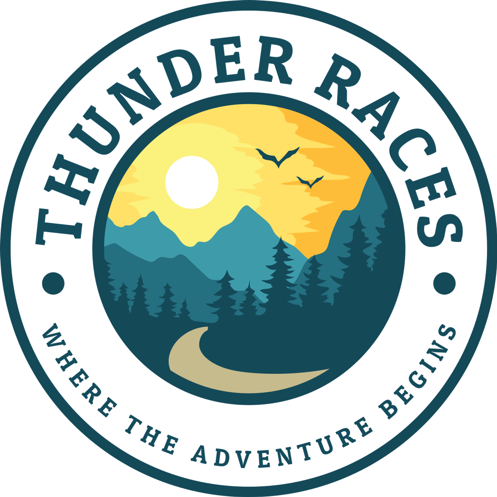 Logo for Thunder Races features a sun setting behind mountains and trees, with two birds in the sky. A trail leads into the distance. The text reads "THUNDER RACES" and "WHERE THE ADVENTURE BEGINS.