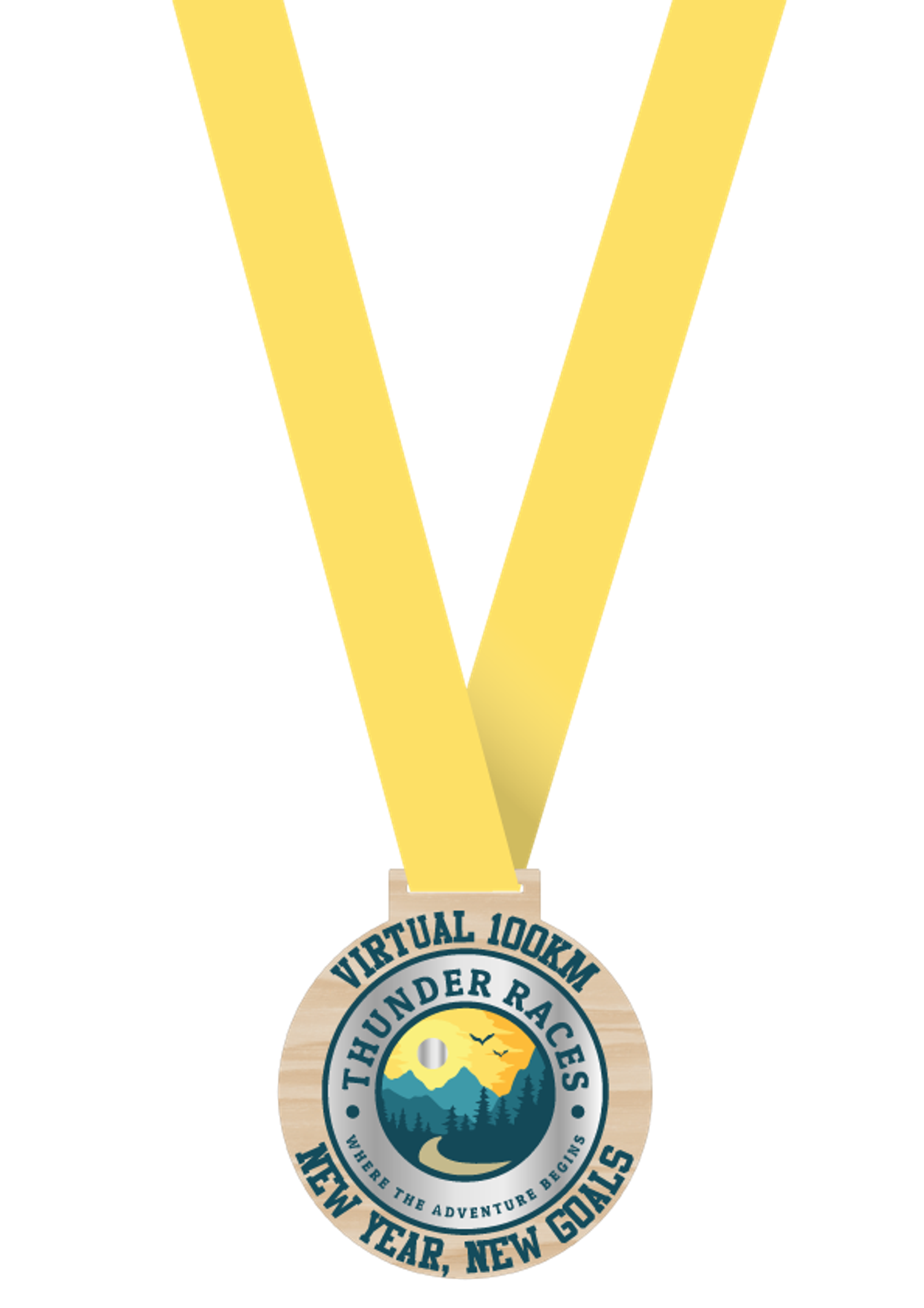 A round medal with a yellow ribbon displays the logo "Thunder Races" with mountains and birds. It reads "Virtual 100km" and "New Year, New Goals" at the bottom.