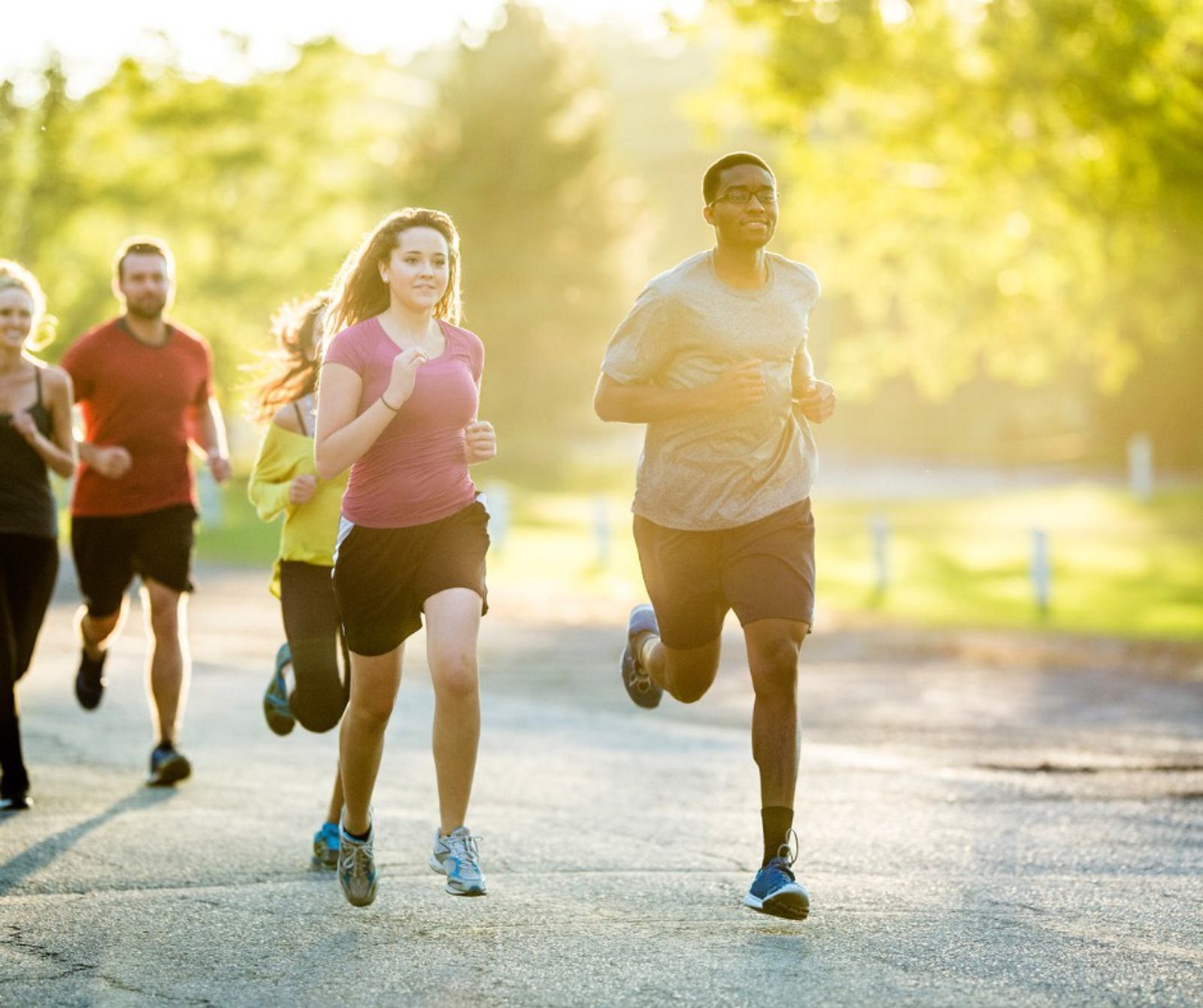A group of people jogging on a sunlit path in a park. The scene is bright, with lush green trees in the background, and everyone is dressed in casual sportswear. They appear to be enjoying a leisurely morning run.