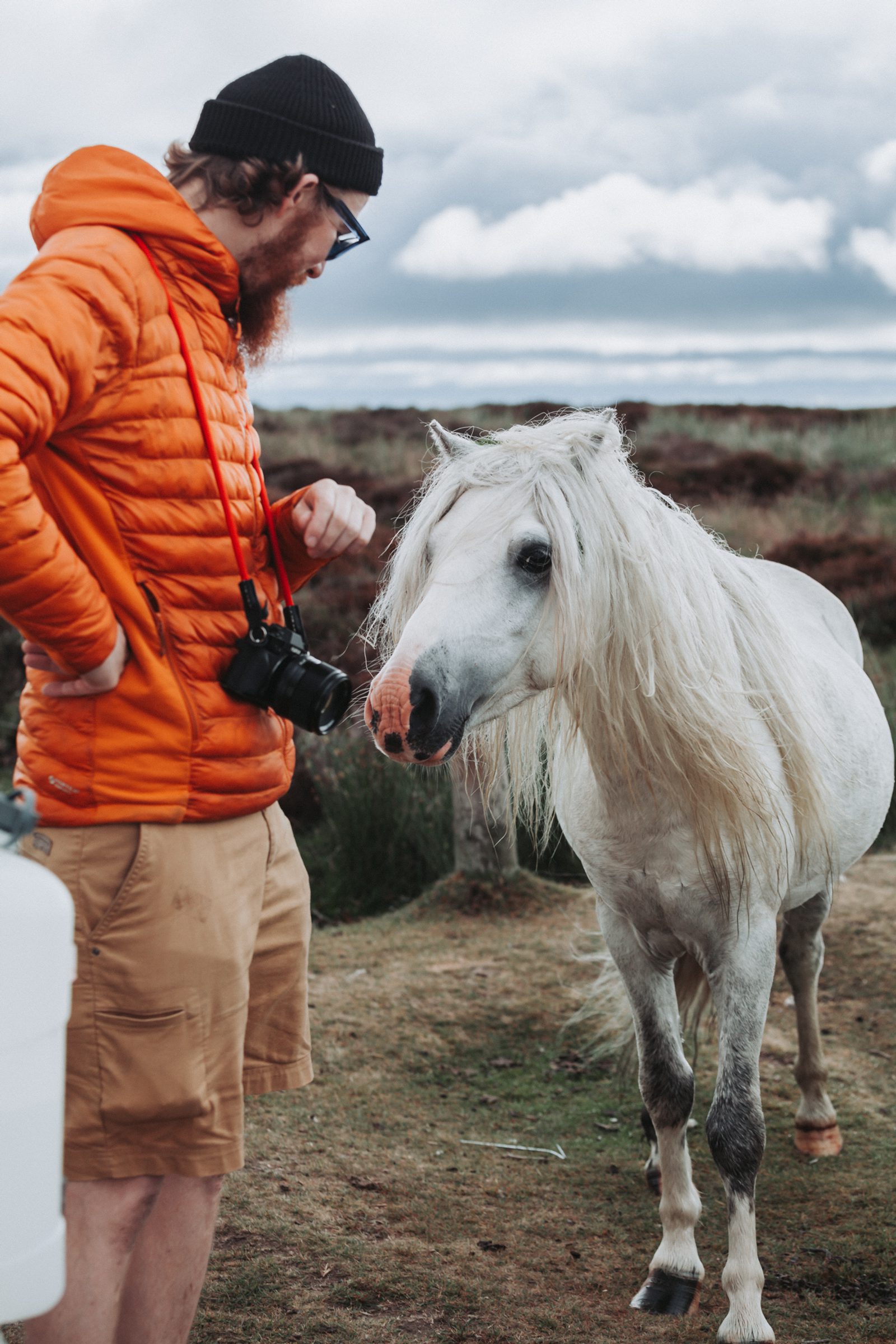 A man in an orange jacket and beanie, wearing glasses and holding a camera, stands outdoors facing a white pony with a long mane on a grassy landscape under a cloudy sky.