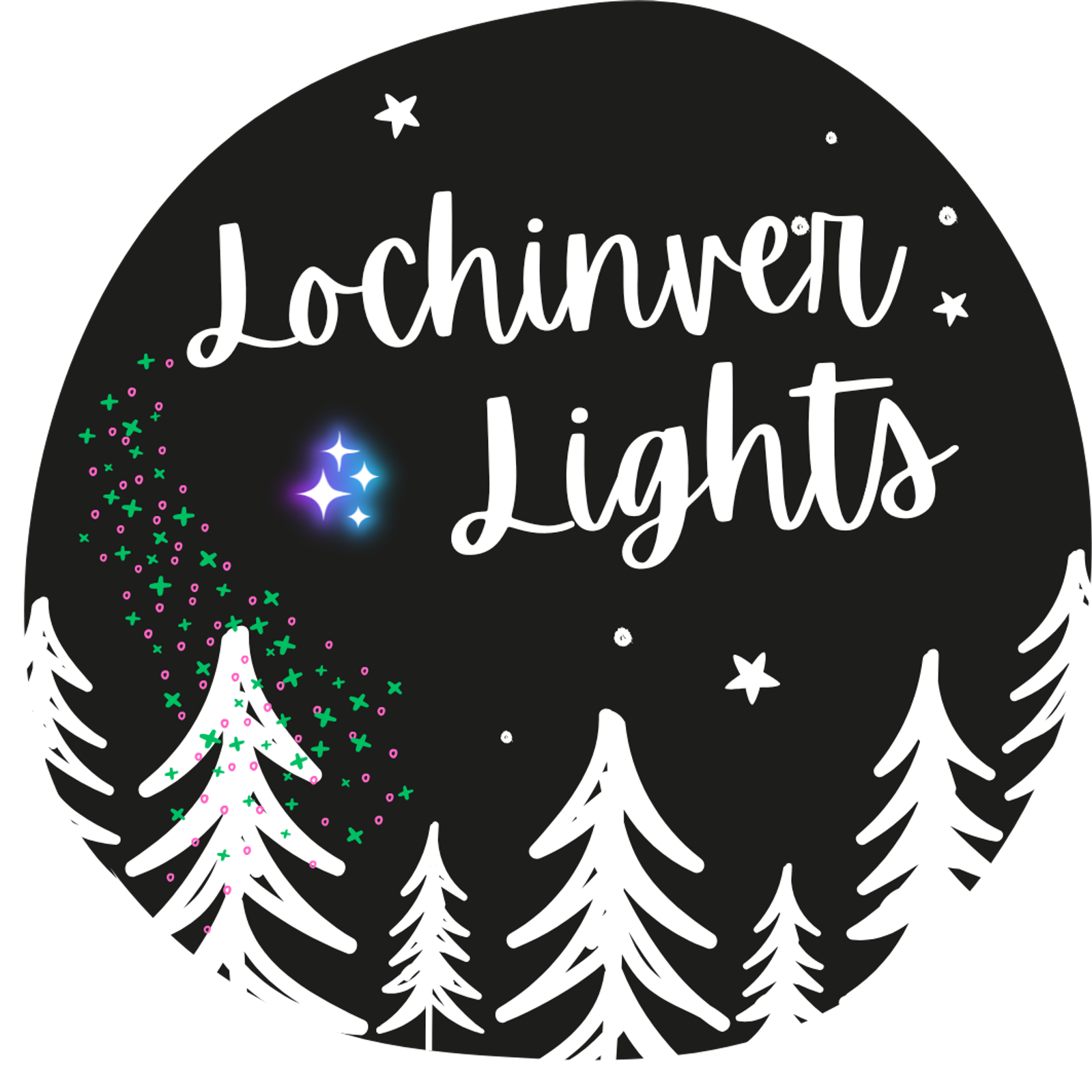 Circular logo for "Lochinver Lights" featuring white illustrated pine trees, stars, and sparkling dots. The background is black with two glowing stars and cursive white text.