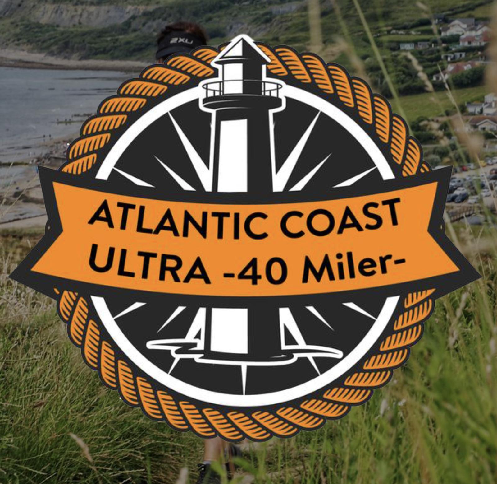 Logo for the Atlantic Coast Ultra 40 Miler, featuring a lighthouse inside a circular rope design, with a coastal backdrop of grassy hills and the sea.