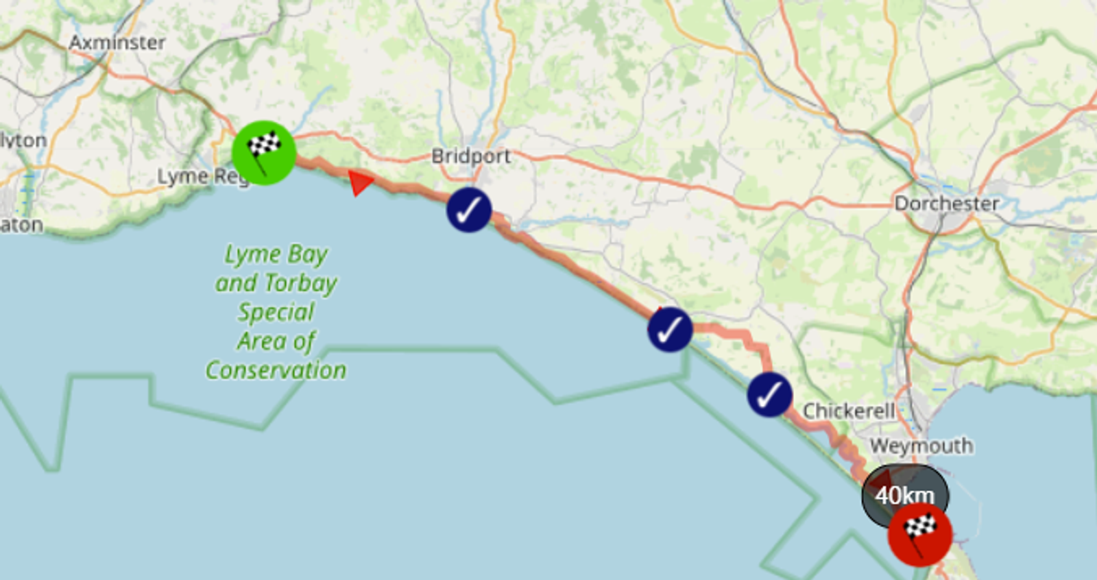 A race route map along the southern coast of England. The path starts at Lyme Regis, passing through Bridport and Chickerell, and ends at Weymouth. The map highlights checkpoints and the Lyme Bay and Torbay Special Area of Conservation.