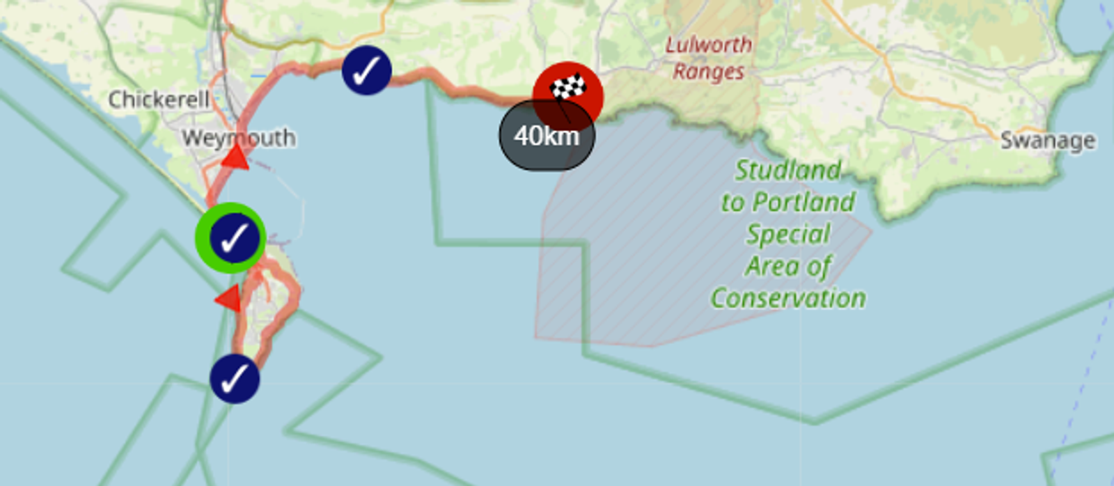 Map showing a sailing route near Weymouth. It features checkpoints, a finish flag indicating 40 km, and a highlighted area labeled "Studland to Portland Special Area of Conservation." Arrows illustrate the sailing path along the coast.