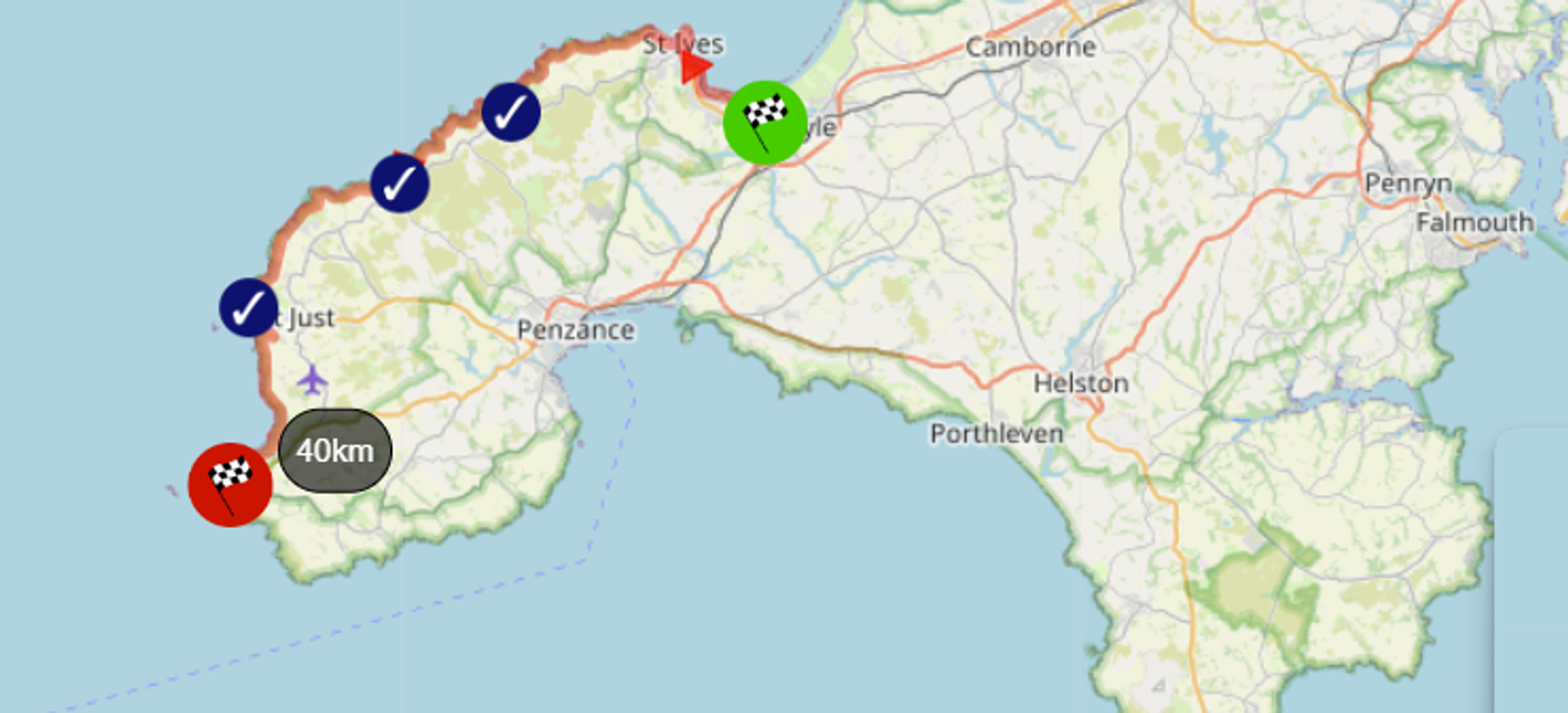 Map of a cycling route in Cornwall, UK, showing a path from St Ives to Penzance. Checkpoints are marked along the route. The distance covered is 40 km, indicated by a pin on the map.