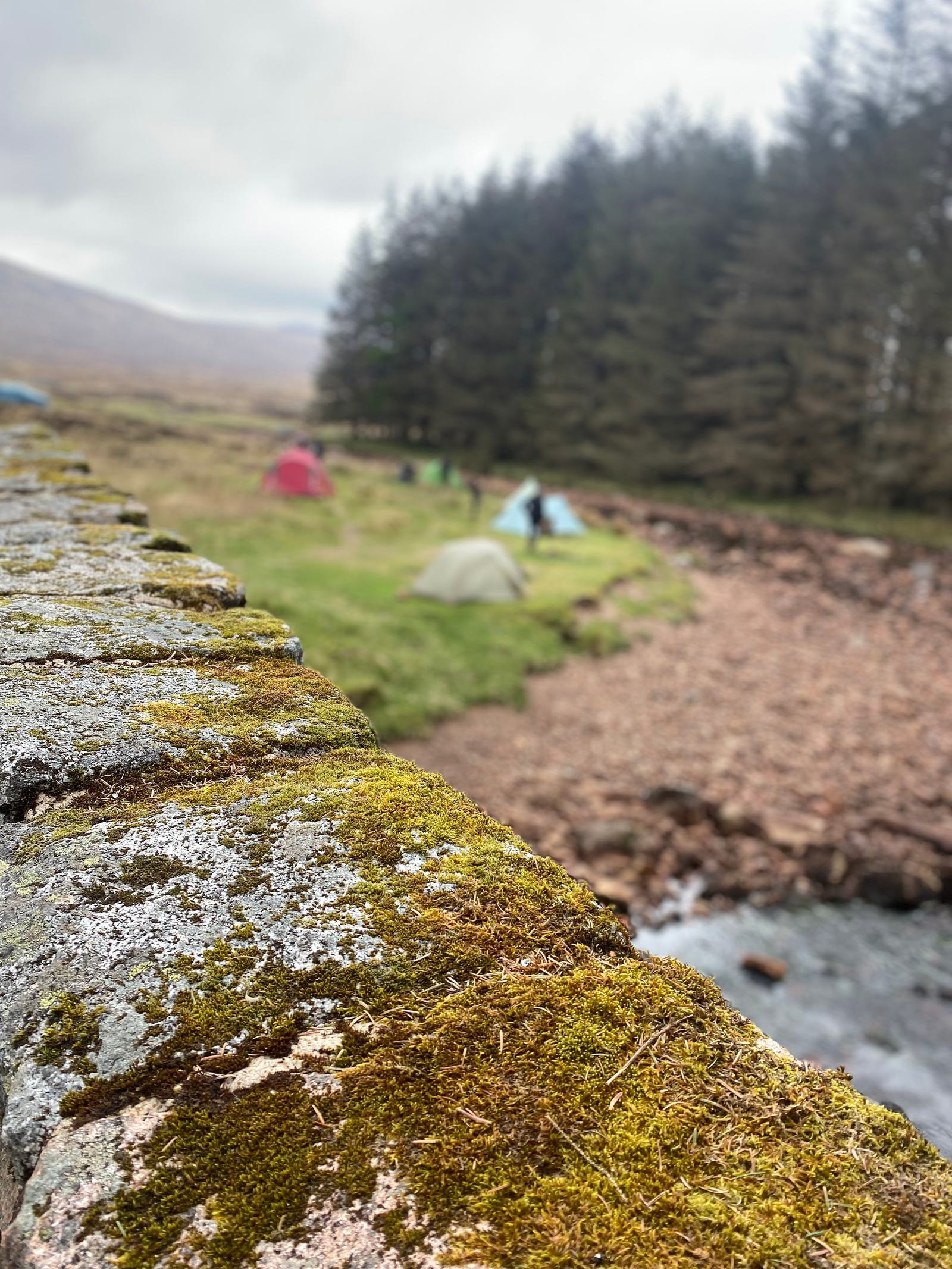 Close-up of a moss-covered stone wall by a river. In the background, several tents are set up on grassy terrain near a line of tall trees on an overcast day.